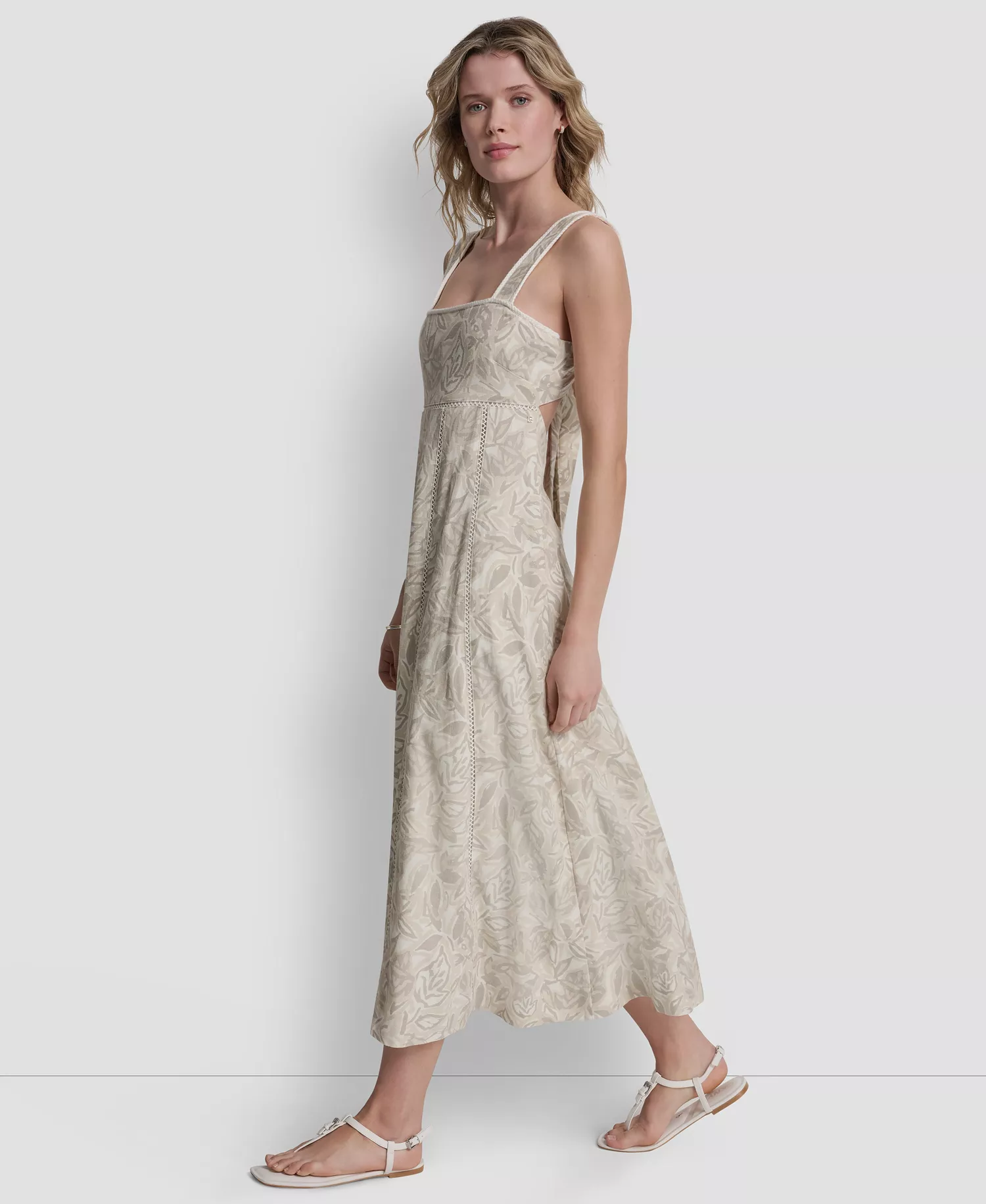 Women's Seamed Linen-Blend Tank Square Neck Dress - Cut Out Floral-pebble - L