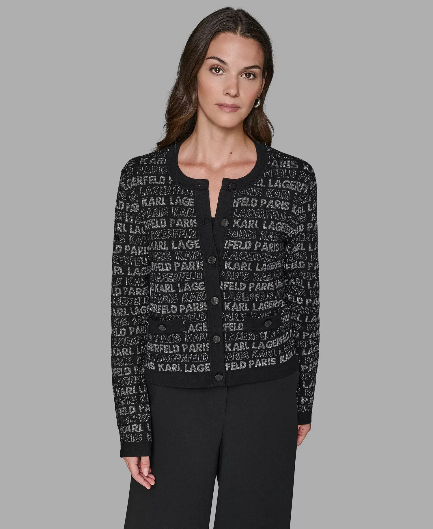 Women's Lurex Logo Cardigan Sweater - Black/Gunmetal - XS
