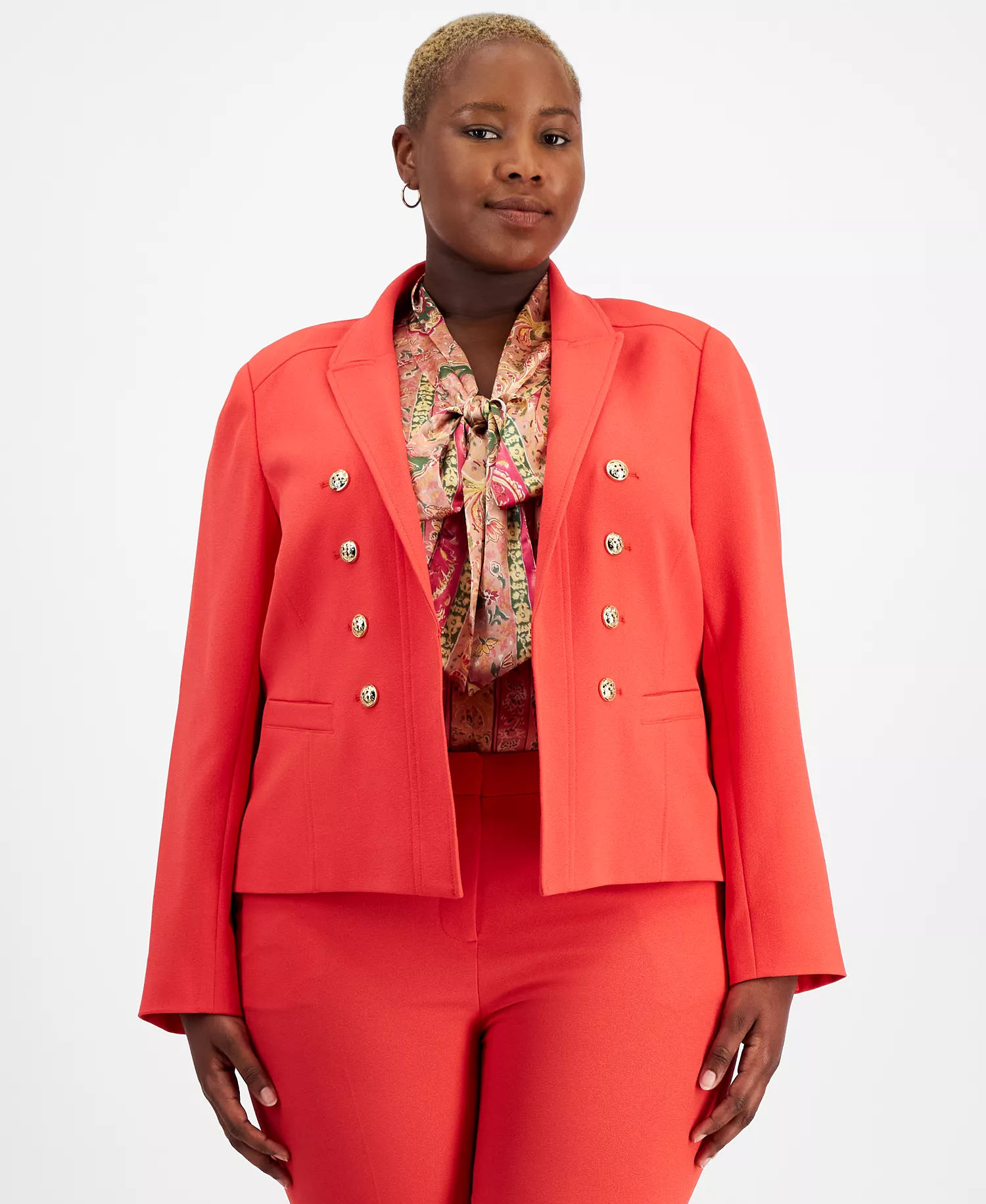 Plus Size Faux Double-Breasted Jacket, Printed Bow Blouse & Classic Ankle Pants - Grenadine - 14W
