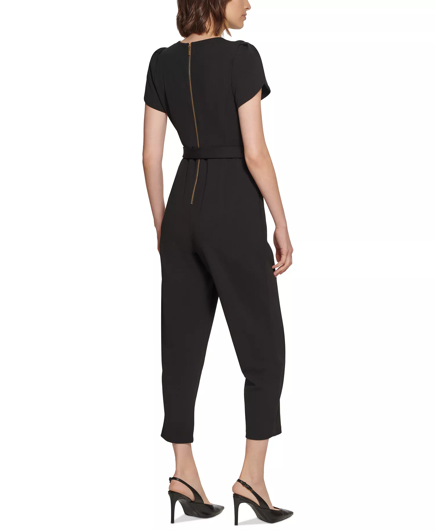 Petite Puff-Sleeve Belted Jumpsuit - Black - 10P