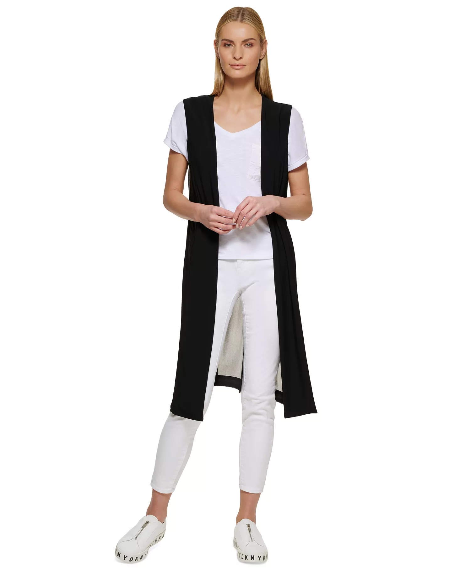Chiffon Back Long Vest  - Black - XL