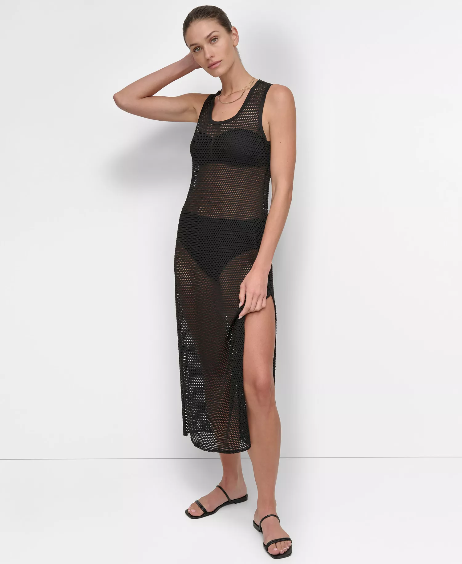 Women's Mesh Maxi Dress Swim Cover-Up  - Black - L