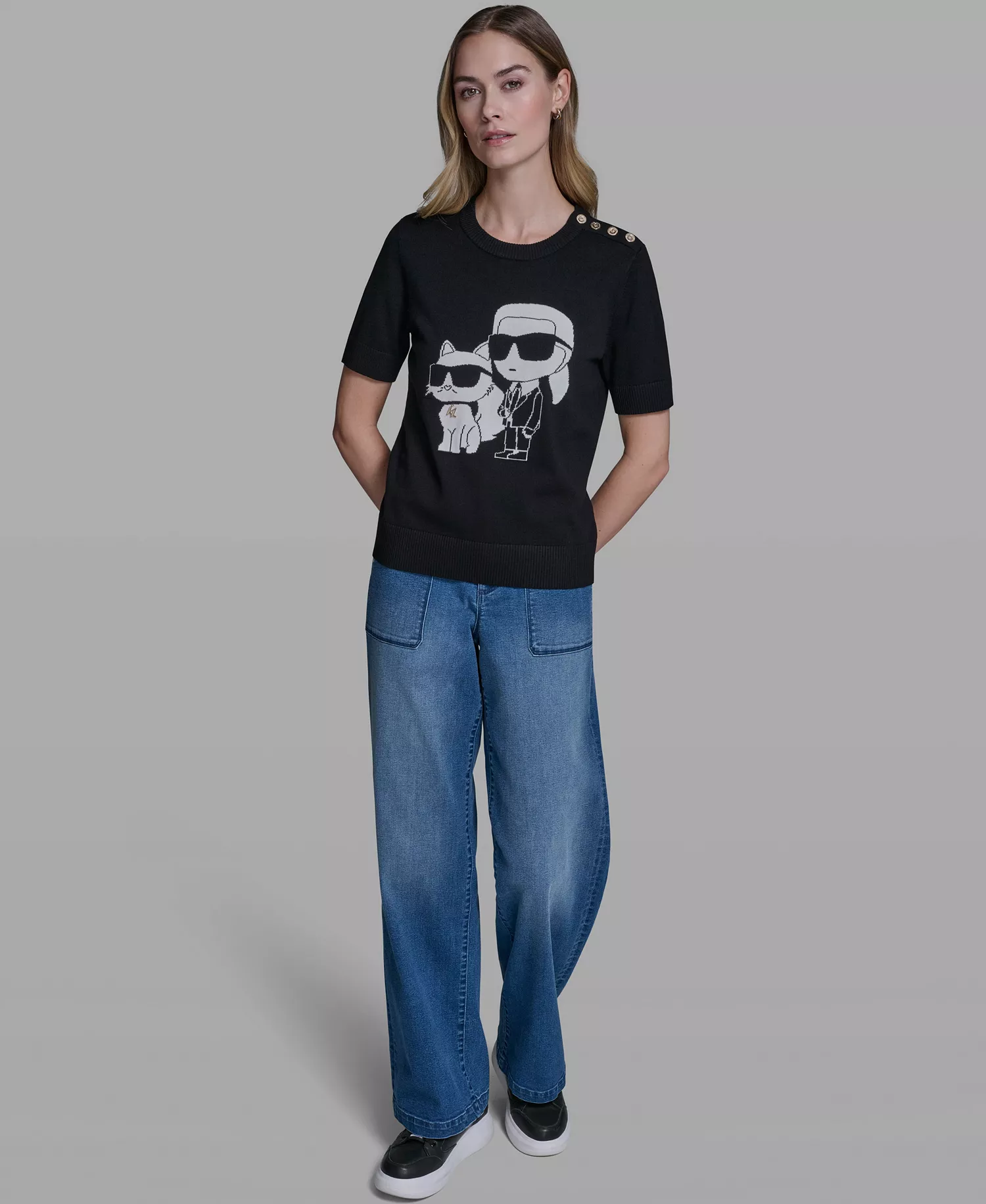 Women's Karl and Choupette Crew Neck Graphic Sweater - Black - L