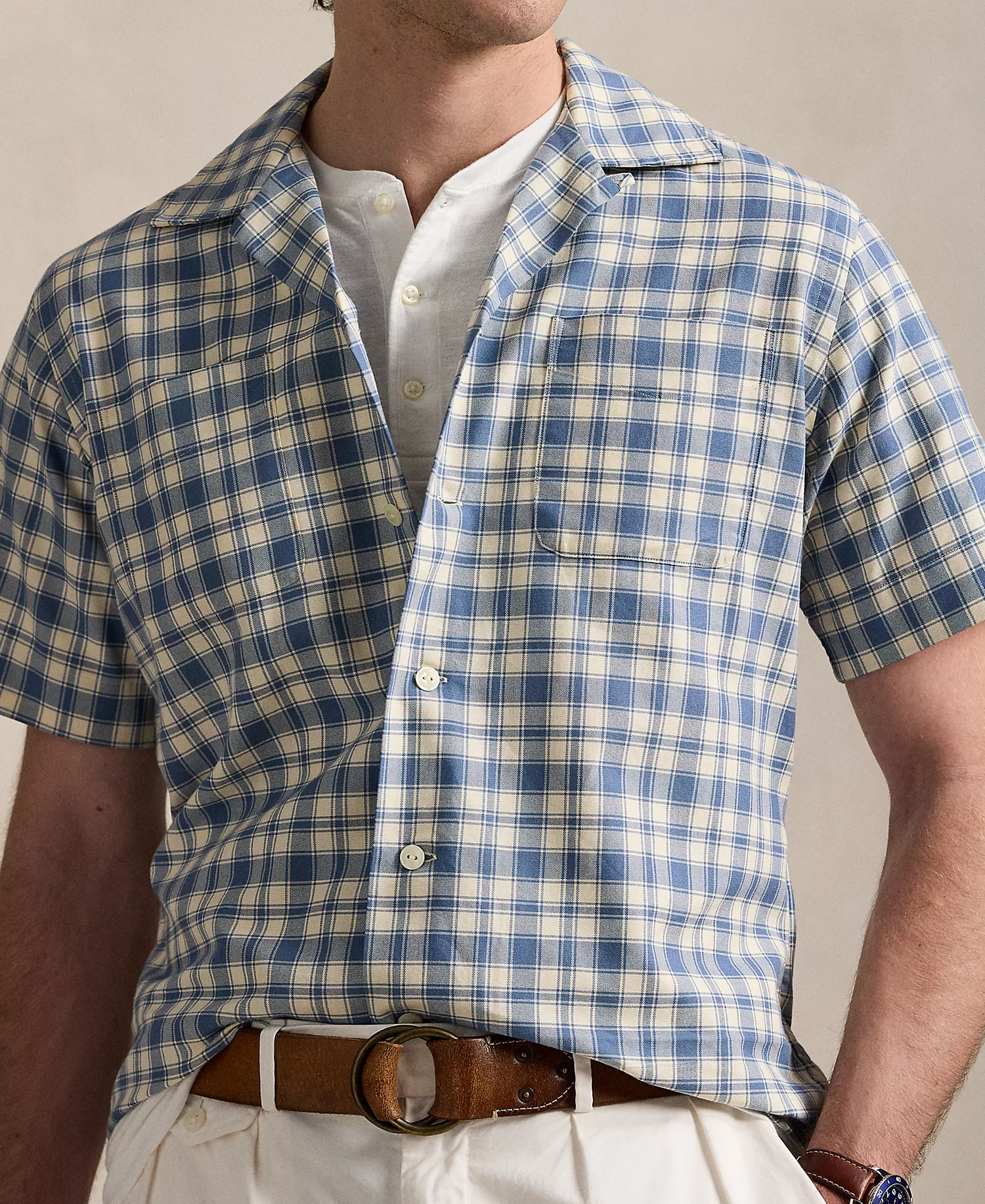Men's Classic-Fit Plaid Oxford Camp Workshirt - Blue/cream - XS