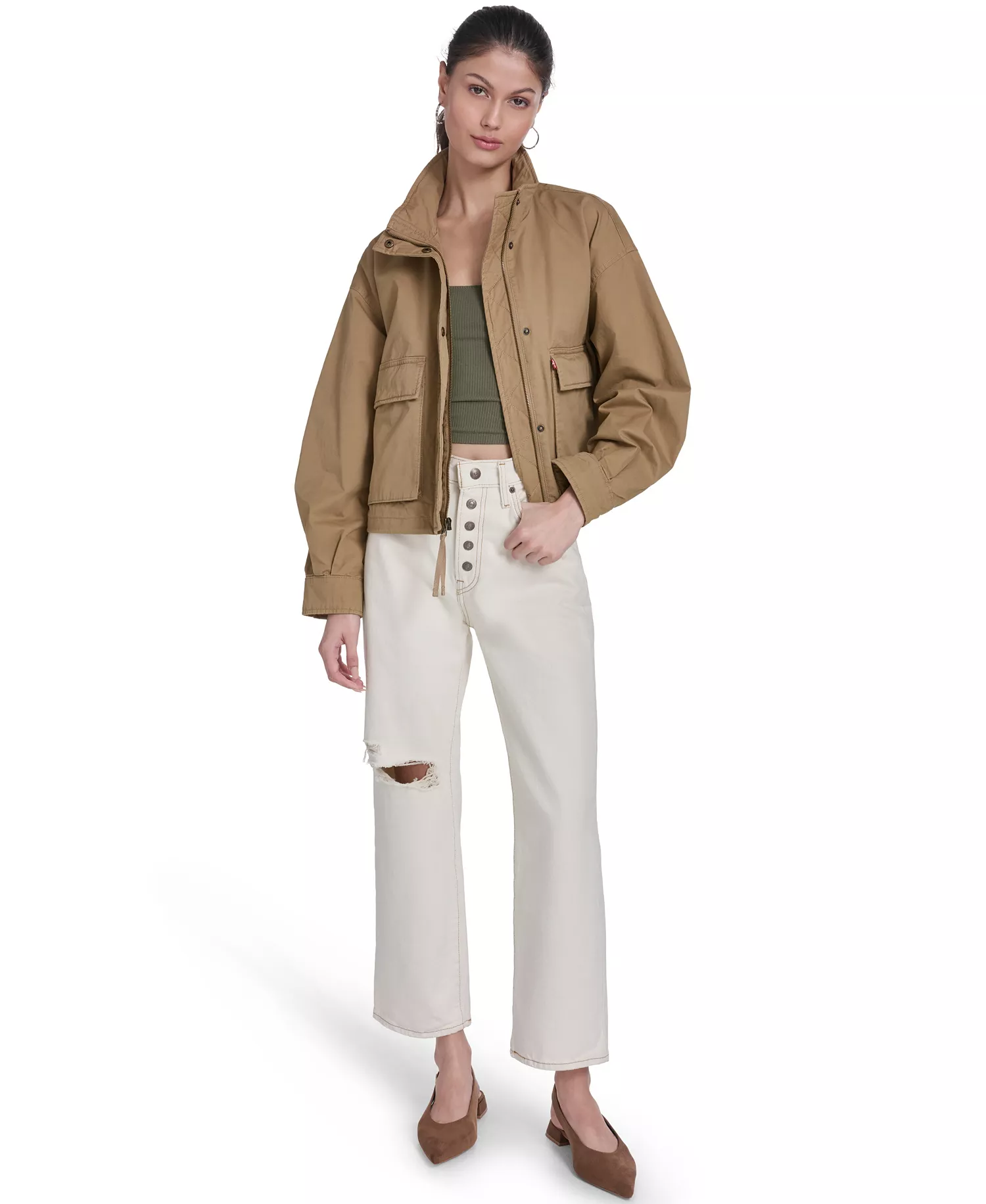 Women's Stand Collar Zipper Jacket - Camel - L