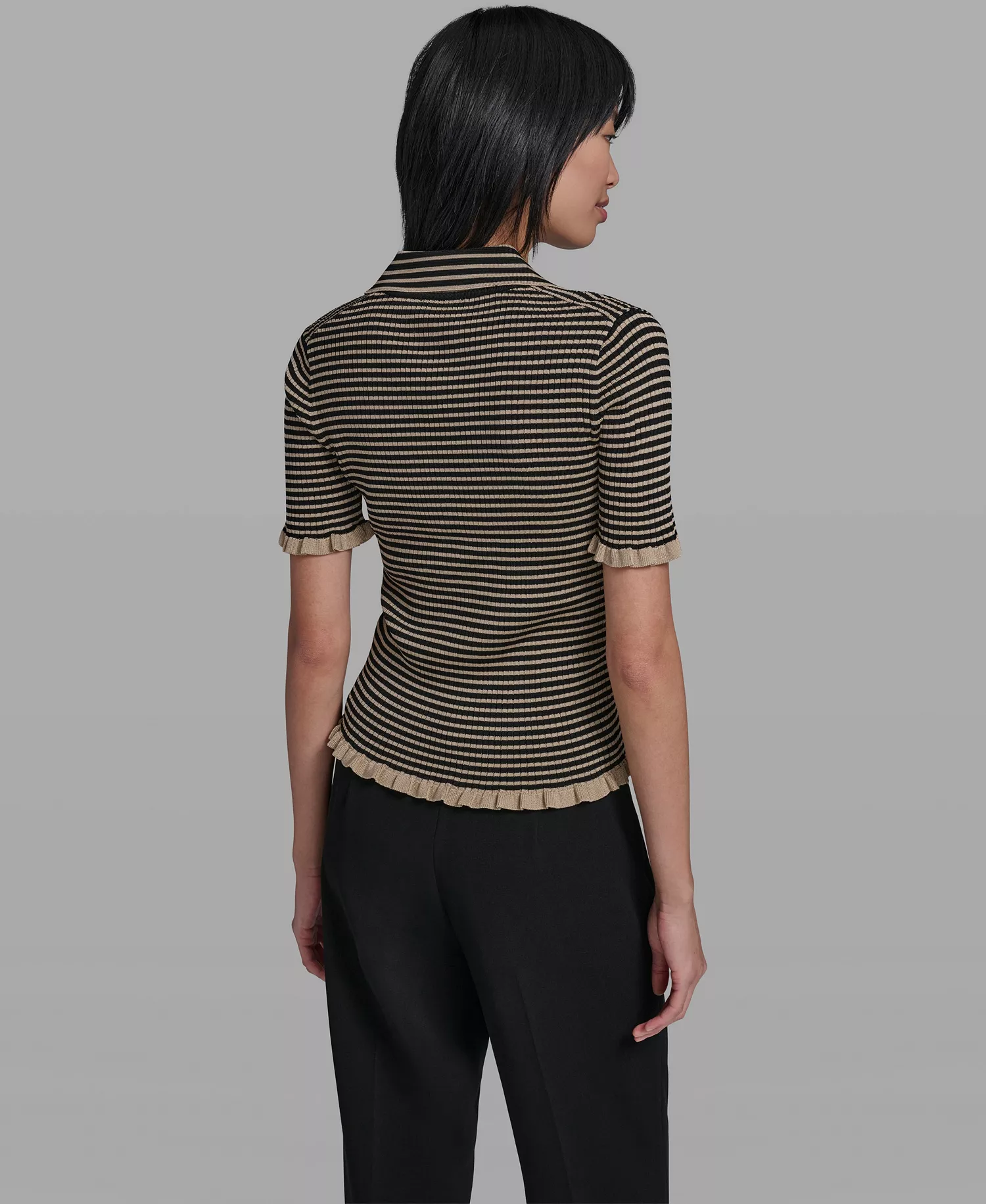 Women's Collared Short-Sleeves Sweater - French Beige/black - L