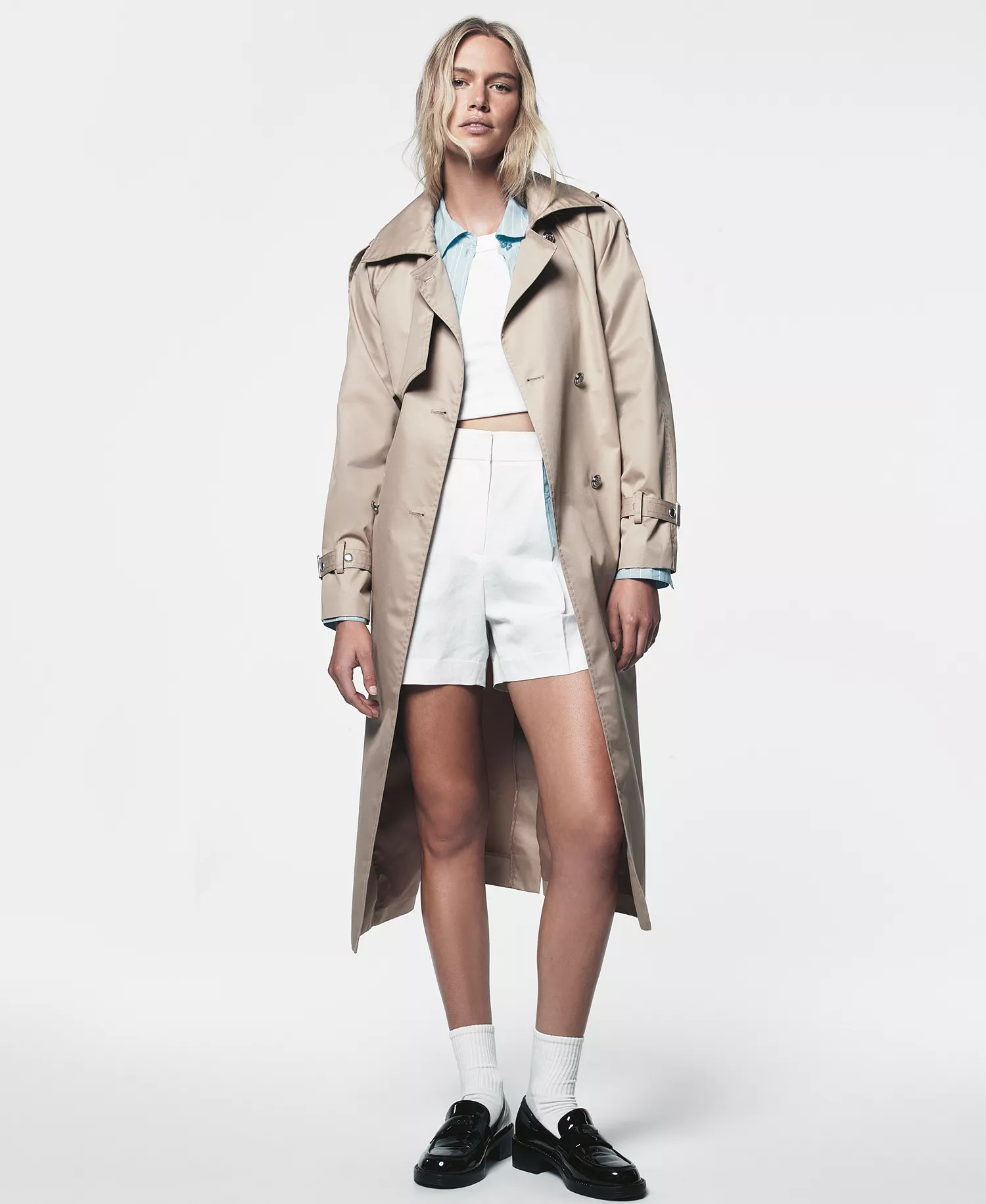 Women’s Long Double-Breasted Belted Trench Coat - Travertine - L
