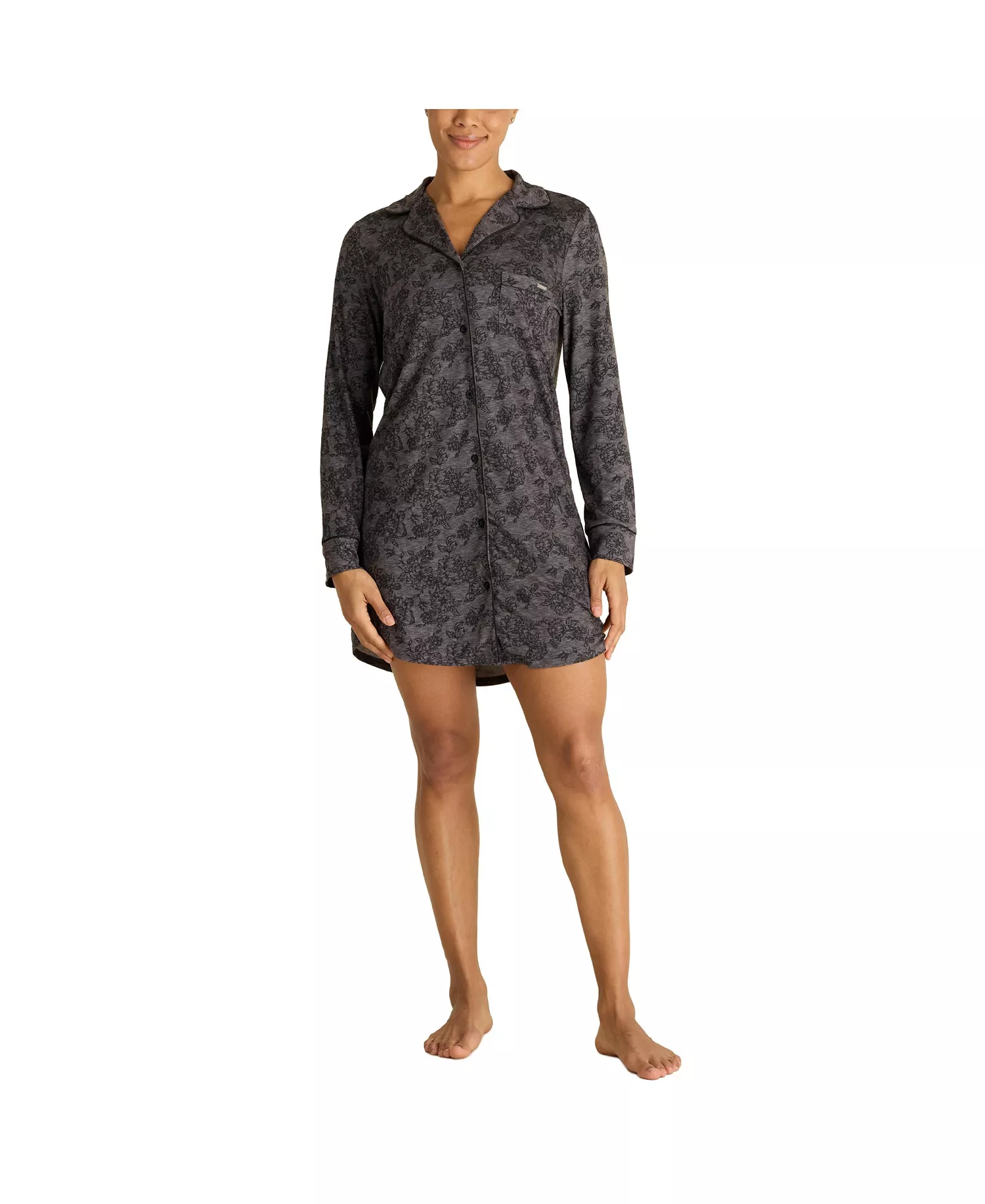 Women's Long Sleeve Button Up Notch Collar Nightshirt with Piping and Pocket - Charcoal etched bouquet - L