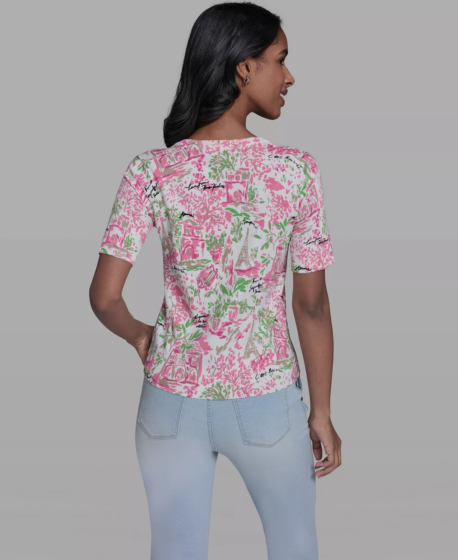 Women's V-Neck Parisian Floral Printed Pull-On Sweater - Soft White/pink Carnation Multi - L