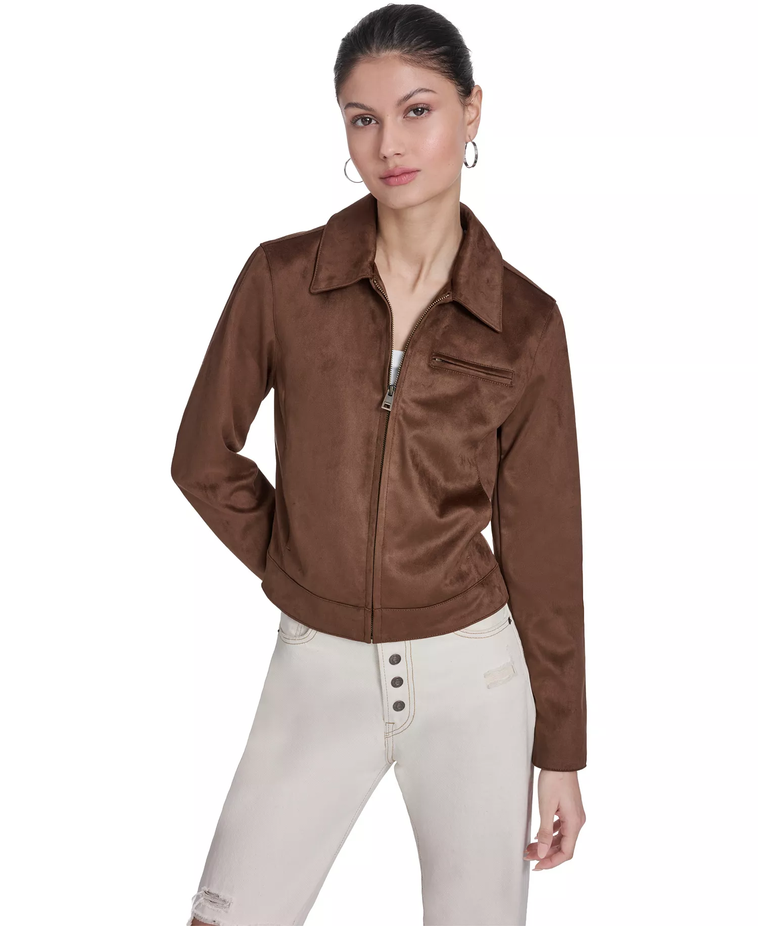 Women's Faux Suede Laydown Collar Jacket - Maple - L
