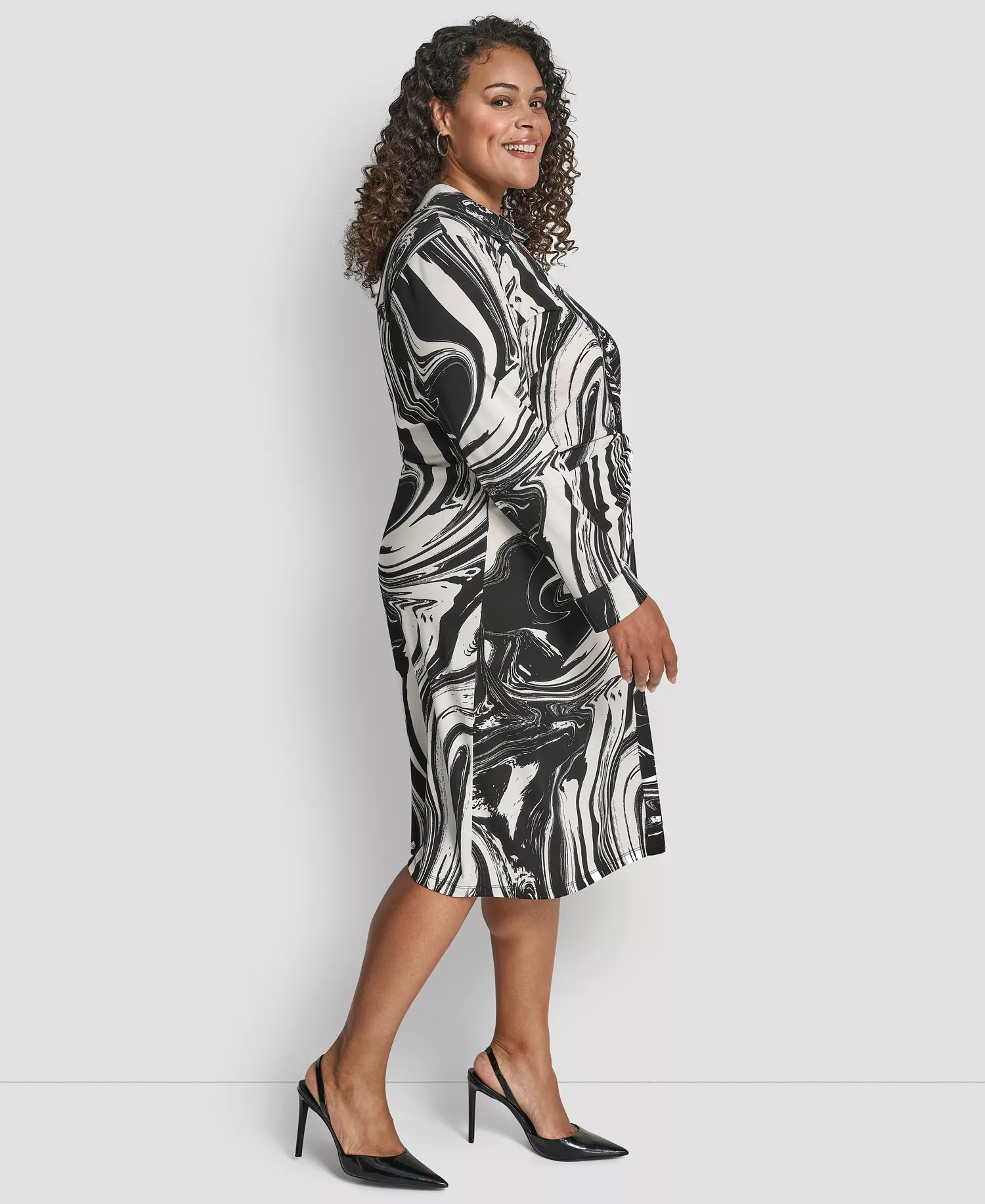 Plus Size Long-Sleeve Button Front Shirt Dress - Black/Ivory - 14W