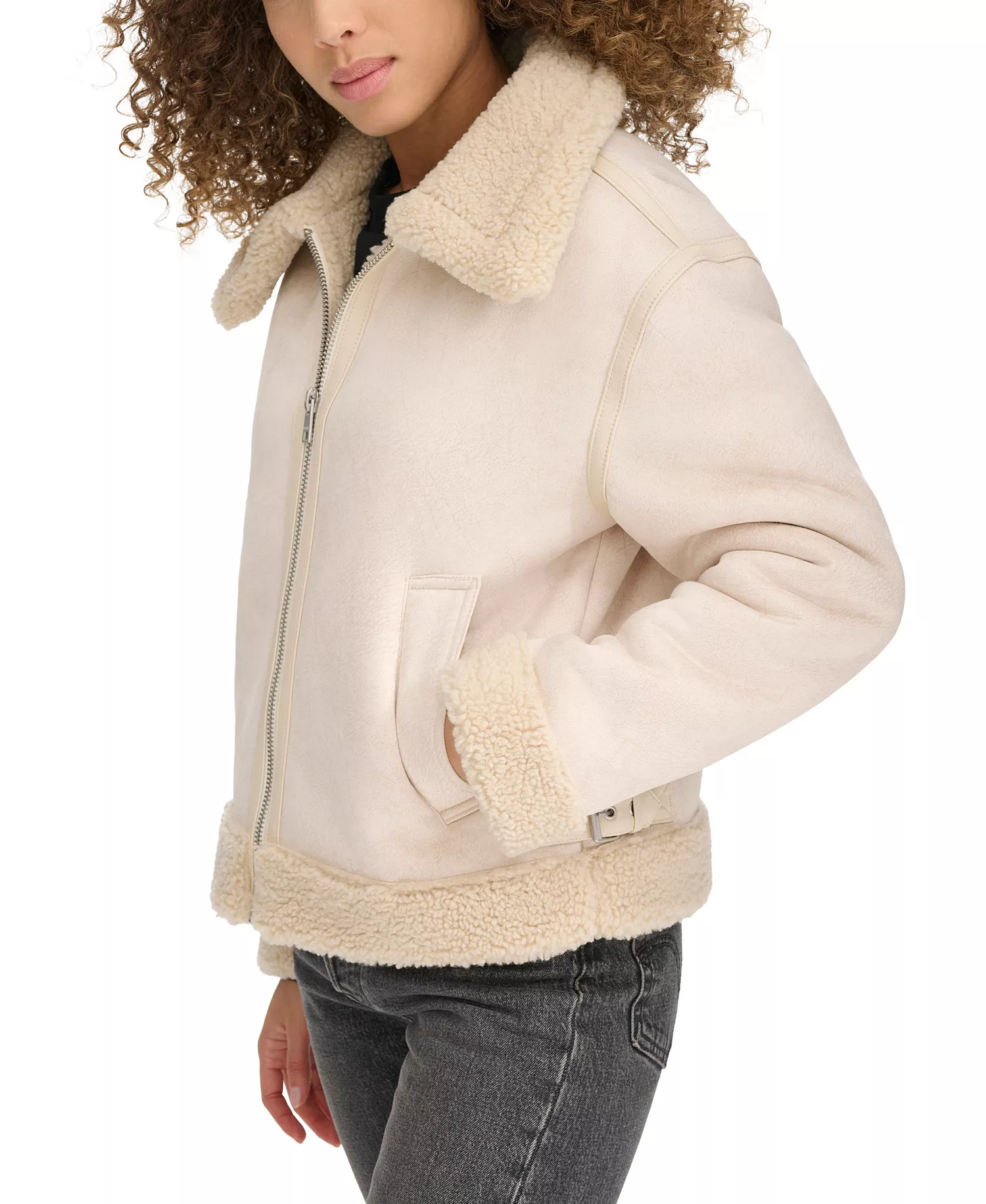 Women's Faux Shearling Aviator Jacket - Almond Milk - L