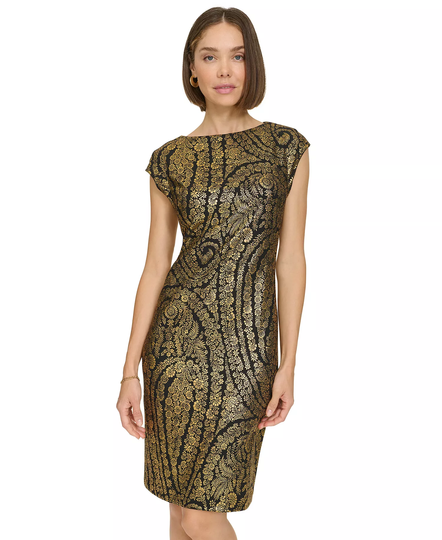 Petite Foil Print Sheath Dress - Black/Gold - 0P