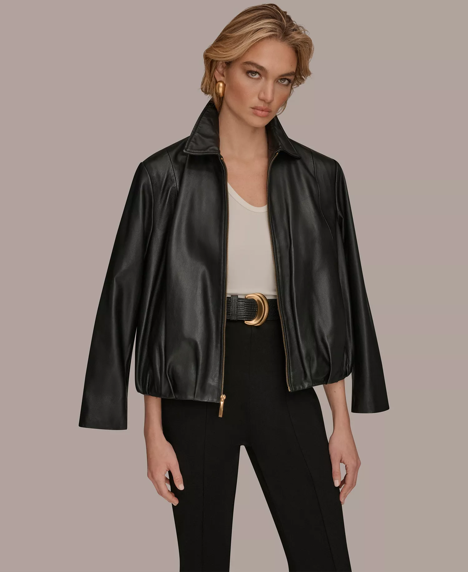 Women's Leather Bomber Jacket - Black - L