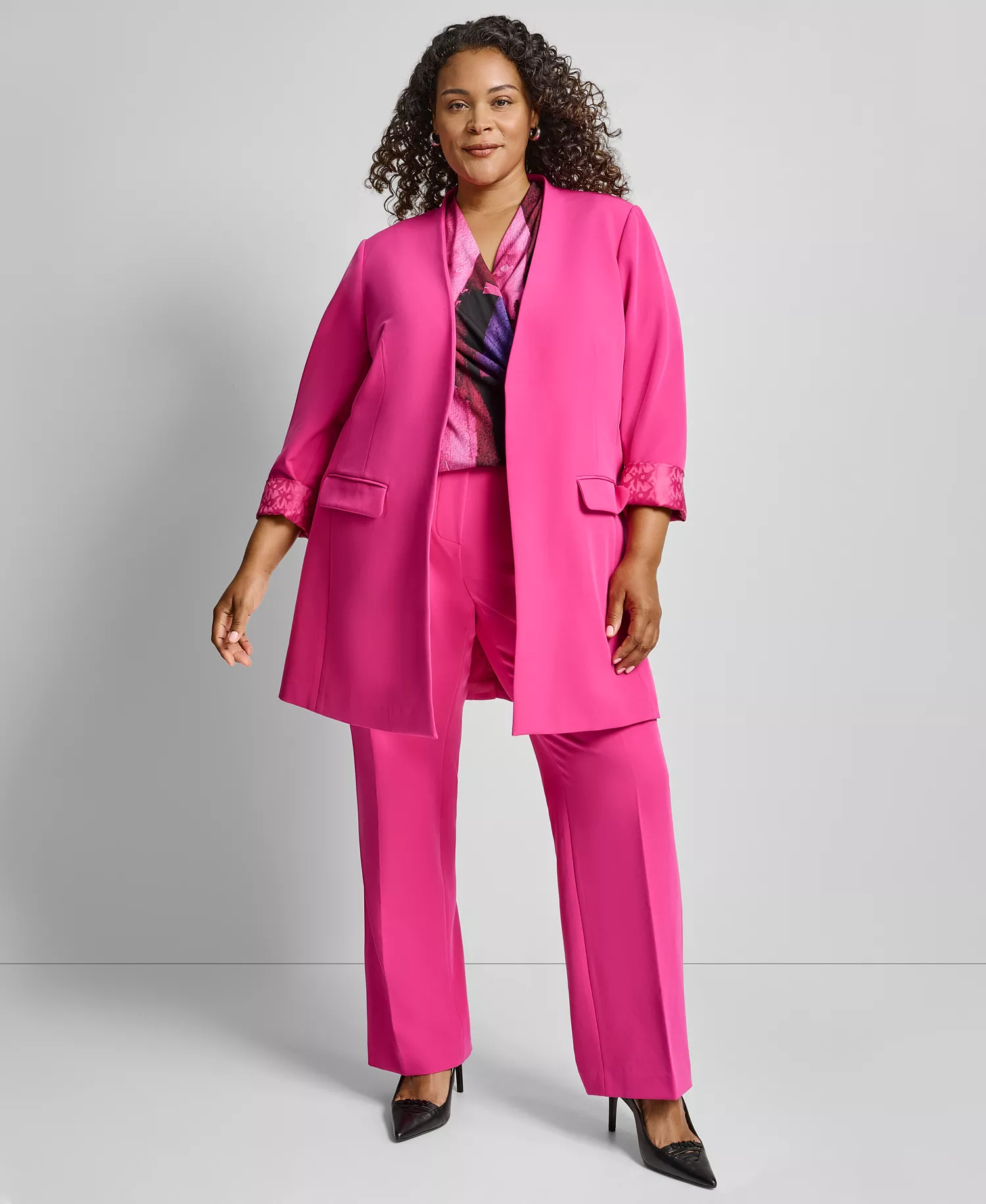 Plus Size Open Front Collarless Jacket - Fuchsia - 14W