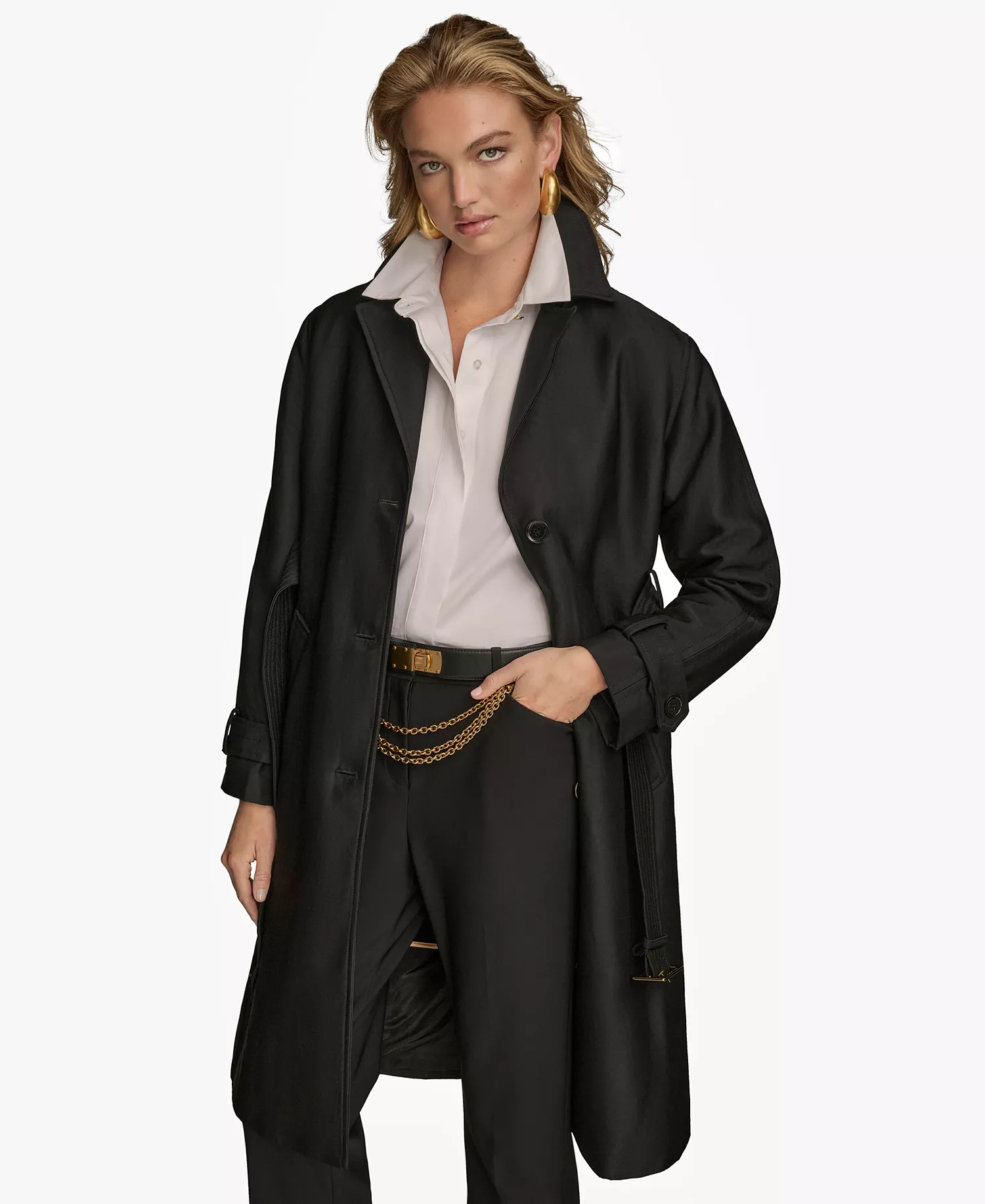 Women's Single-Breasted Belted Trench Coat - Black - L