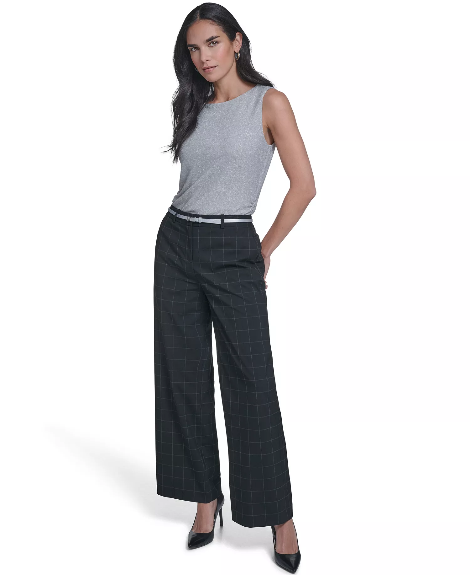 Women's Windowpane Wide-Leg Pants - Black/white - 10
