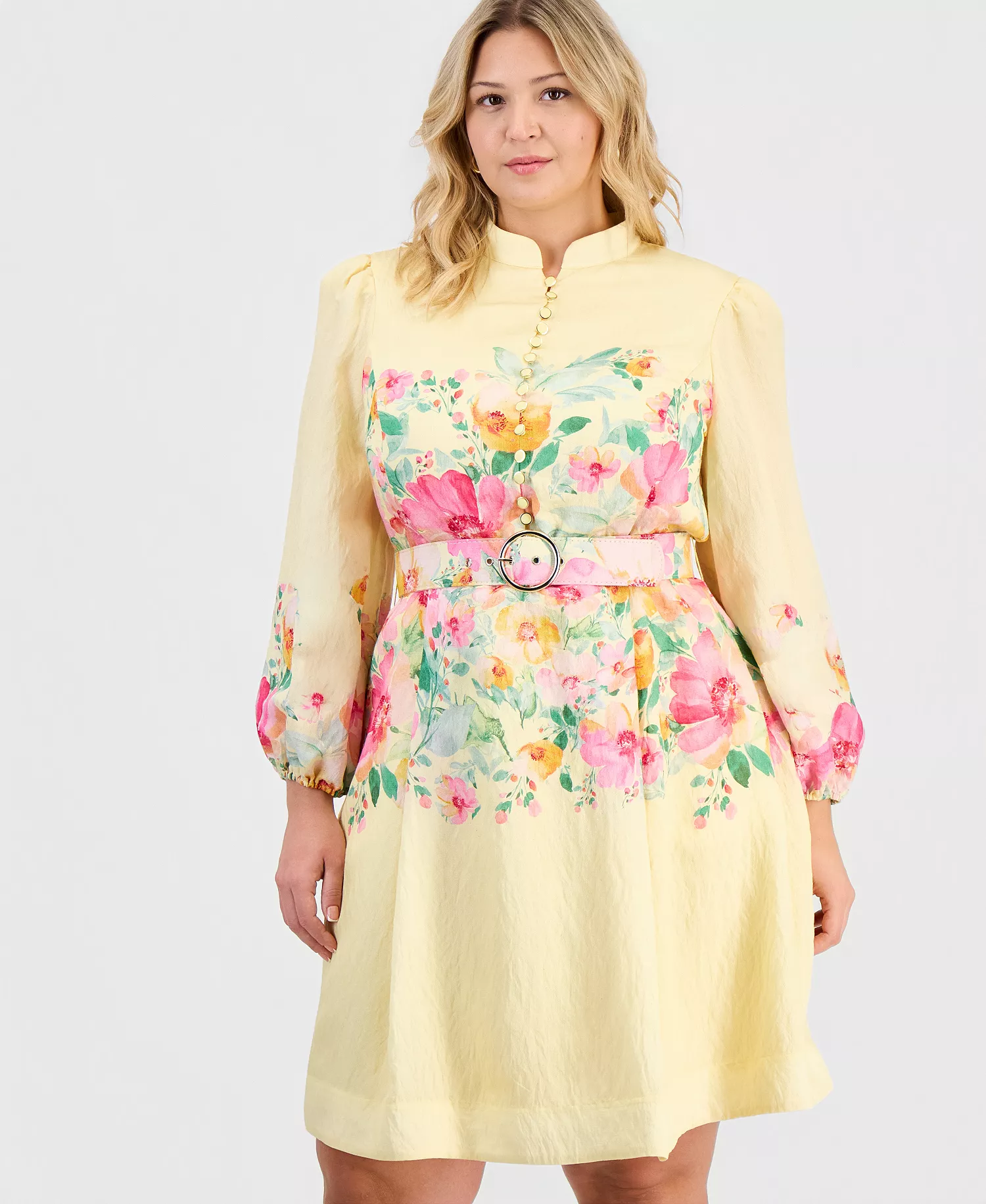 Plus Size Placed-Print Belted Fit & Flare Dress - Buttercup Multi - 14W
