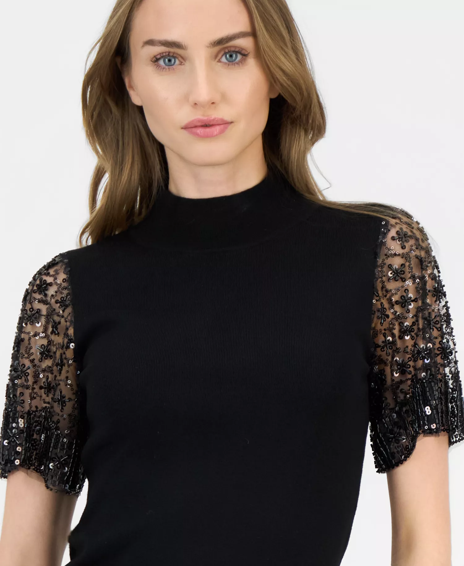 Women's Beaded-Sleeve Mock Neck Sweater - Black - L