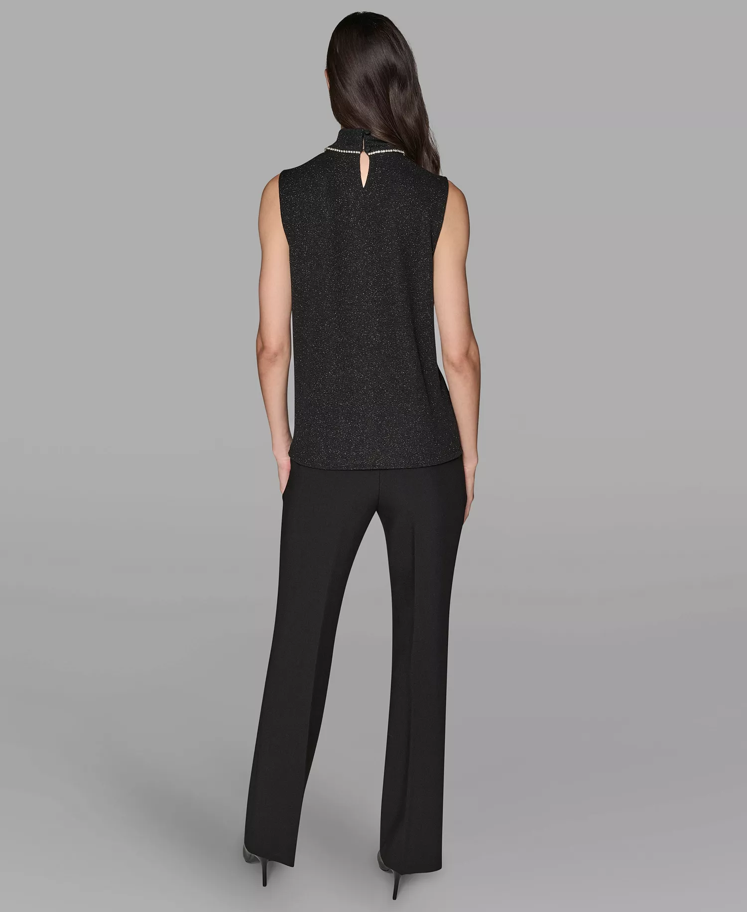 Women's Sleeveless Rhinestone-Collar Knit Top - Black - L