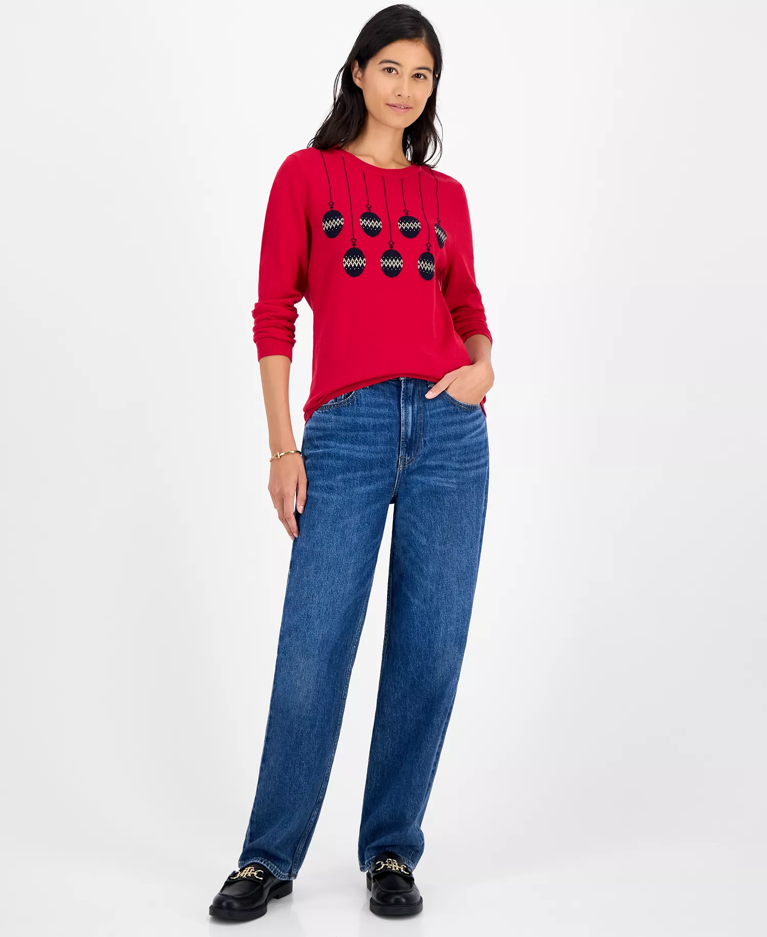 Women's Cotton Holiday V-neck sweater - Chili Pepper - L