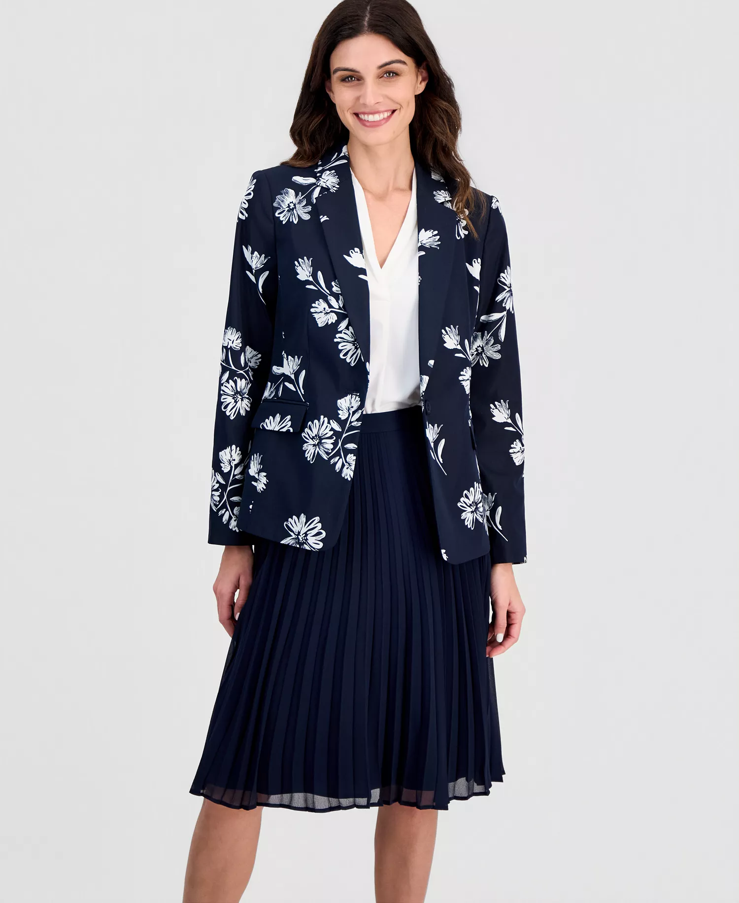 Petite Printed One-Button Jacket - Navy Ivory - 10P