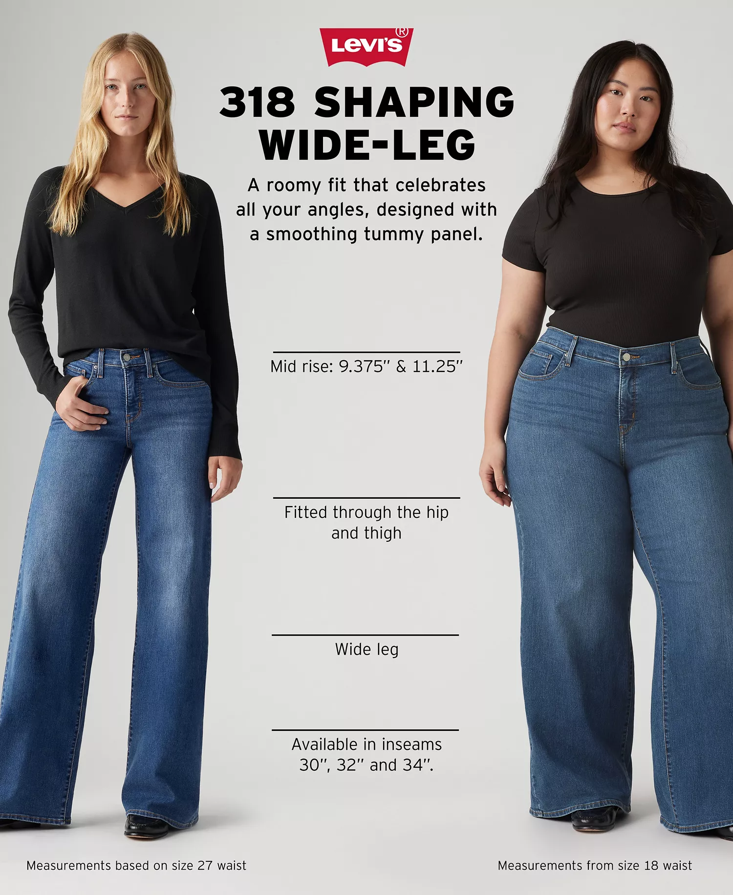Women's 318 Shaping Stellar-Stretch Wide-Leg Jeans - Black - 14W