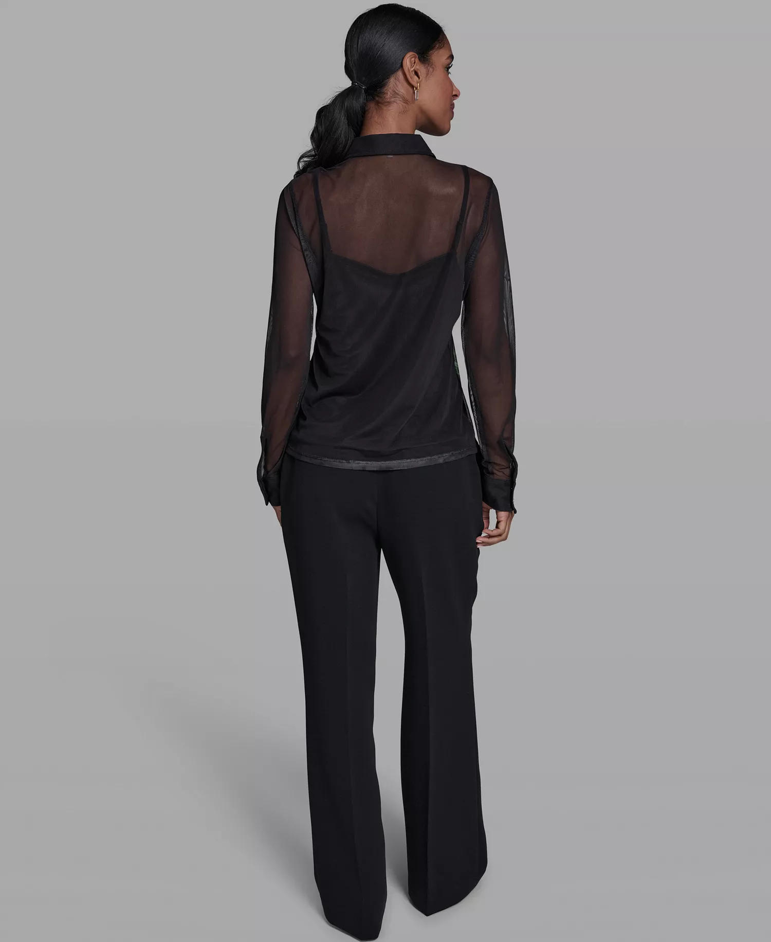 Women's Placed Floral Mesh Collared Shirt - Black - L