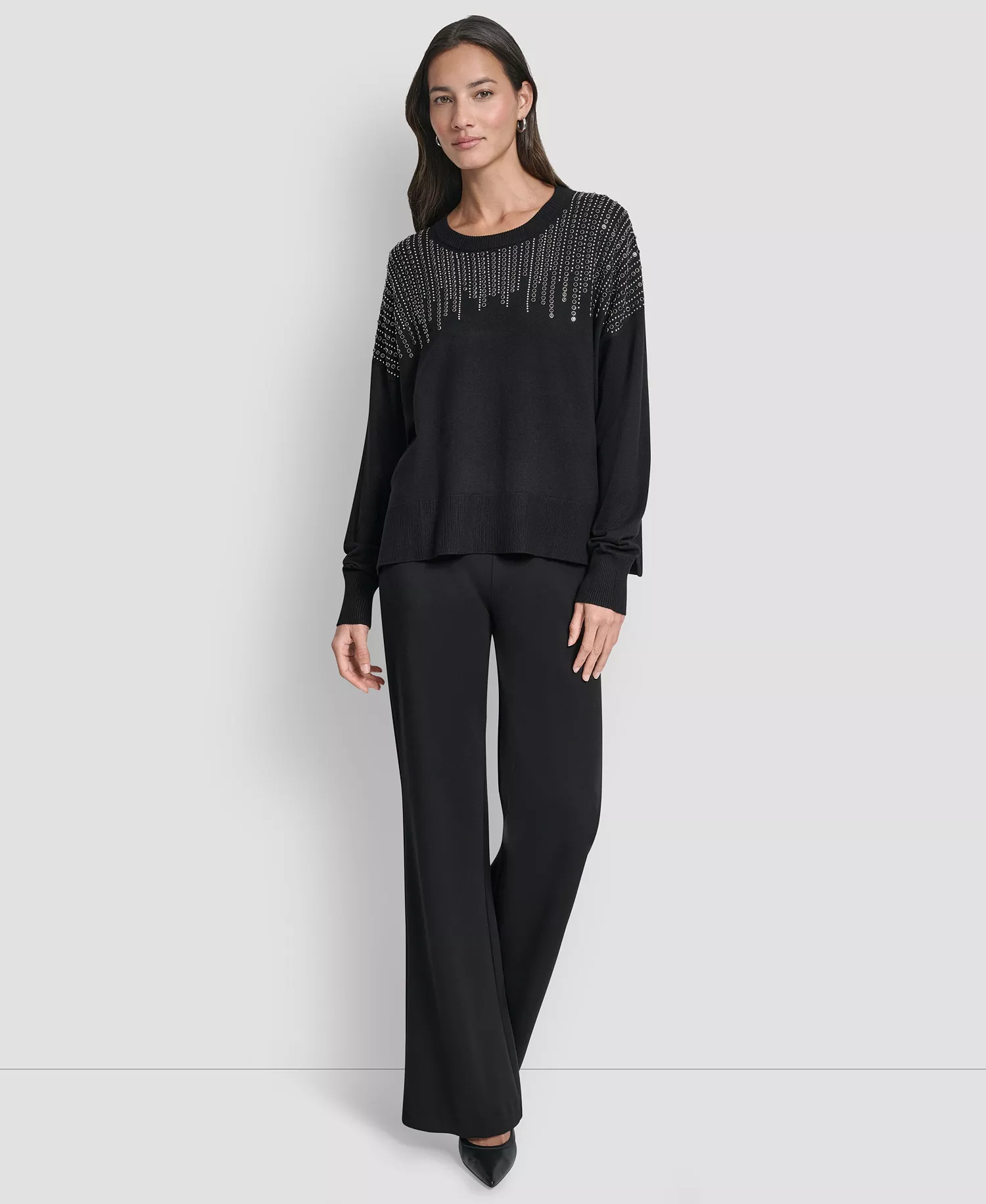 Women's Hotfix Fringe Long Sleeve Sweater - Black - M
