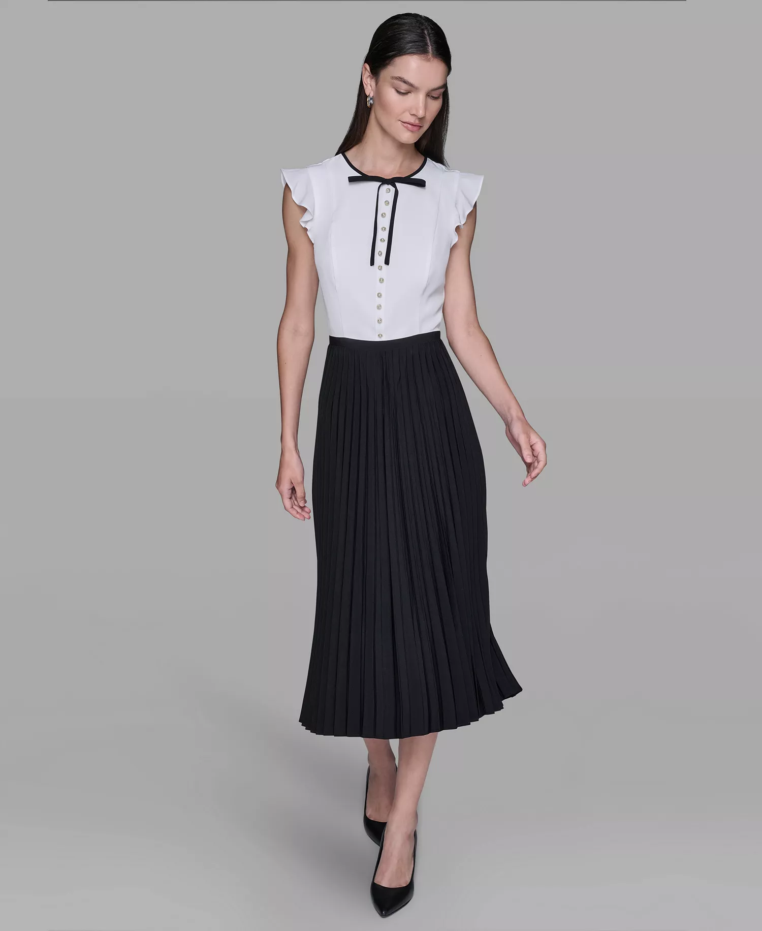 Women's Silky Crepe Midi Dress with Pleated Skirt - Soft White/ Black - 10