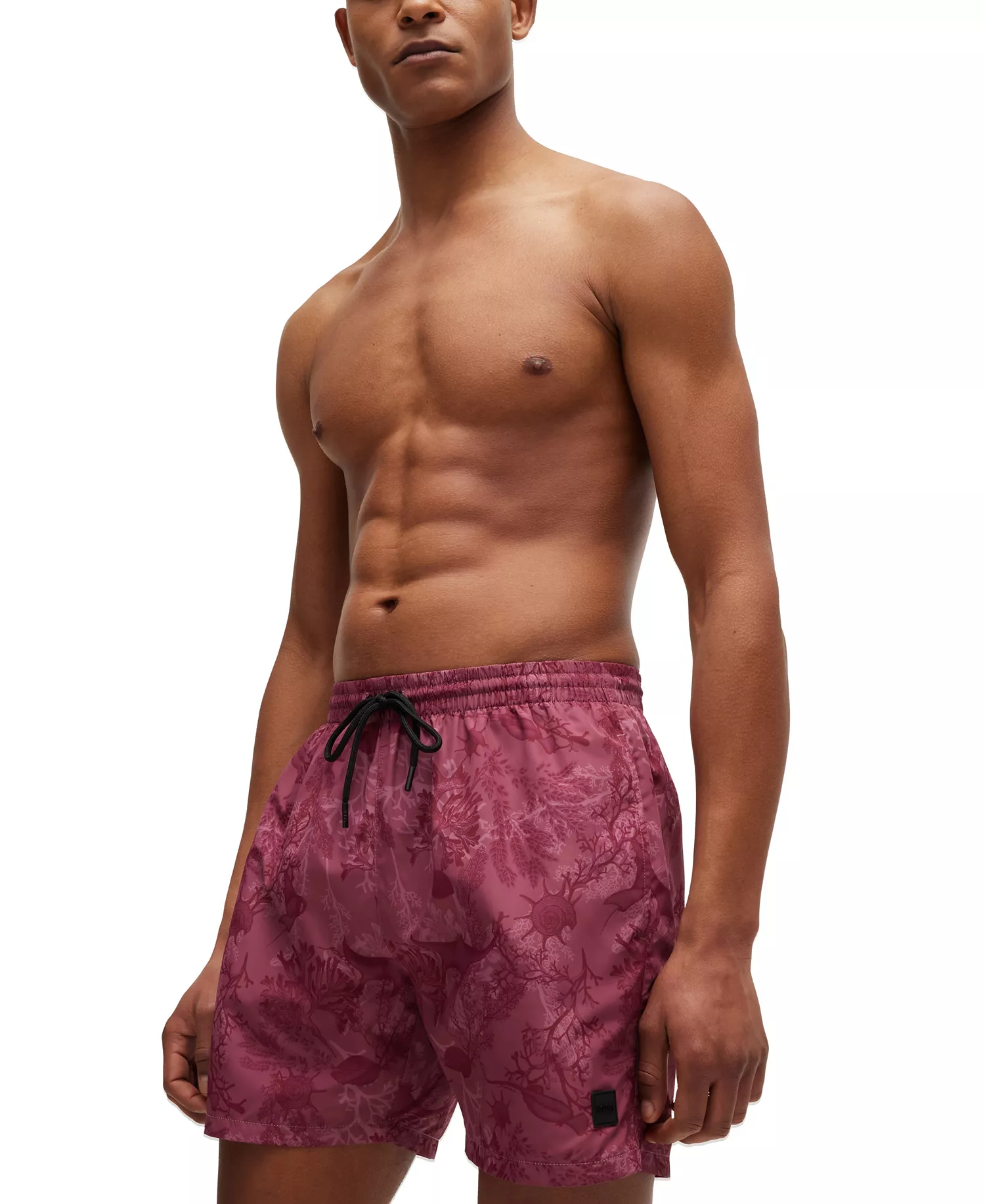 Men's Seasonal Print Logo-Badge Swim Shorts - Open Red - L