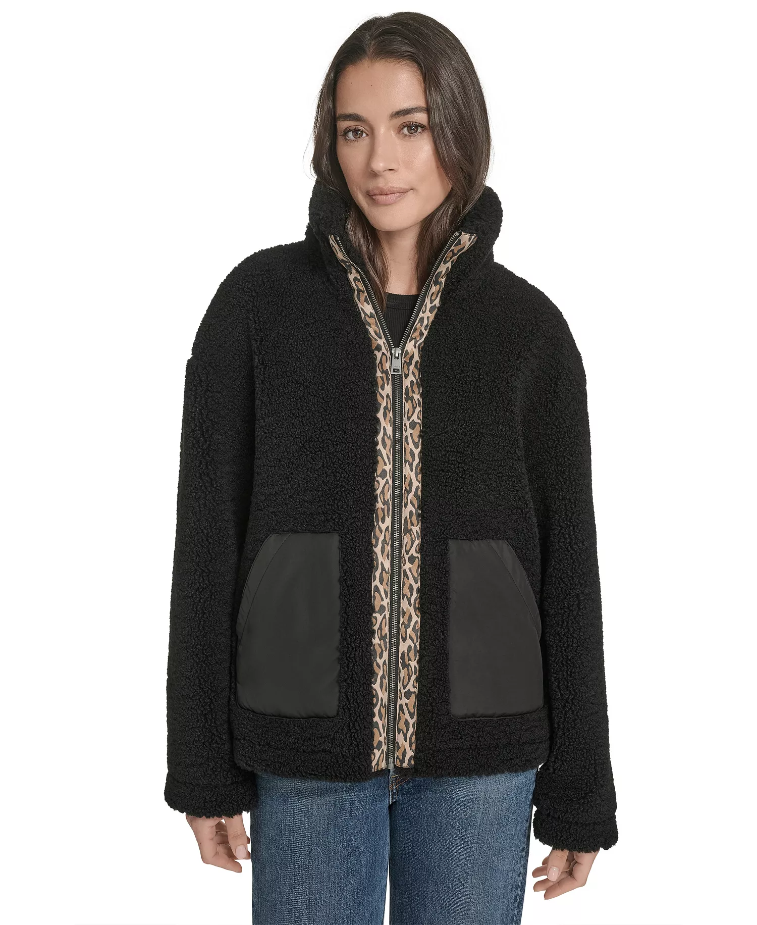 Women's Regular Stand Collar Sherpa Teddy Jacket - Black - M