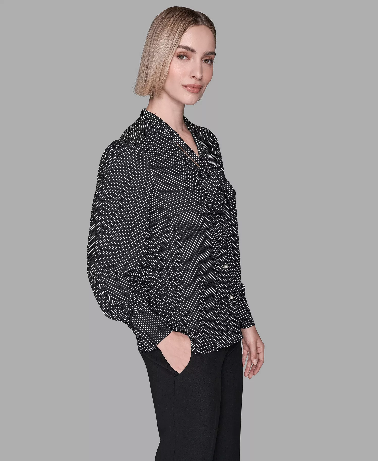 Women's V-Neck Button Down Blouse - Black/Soft White - L