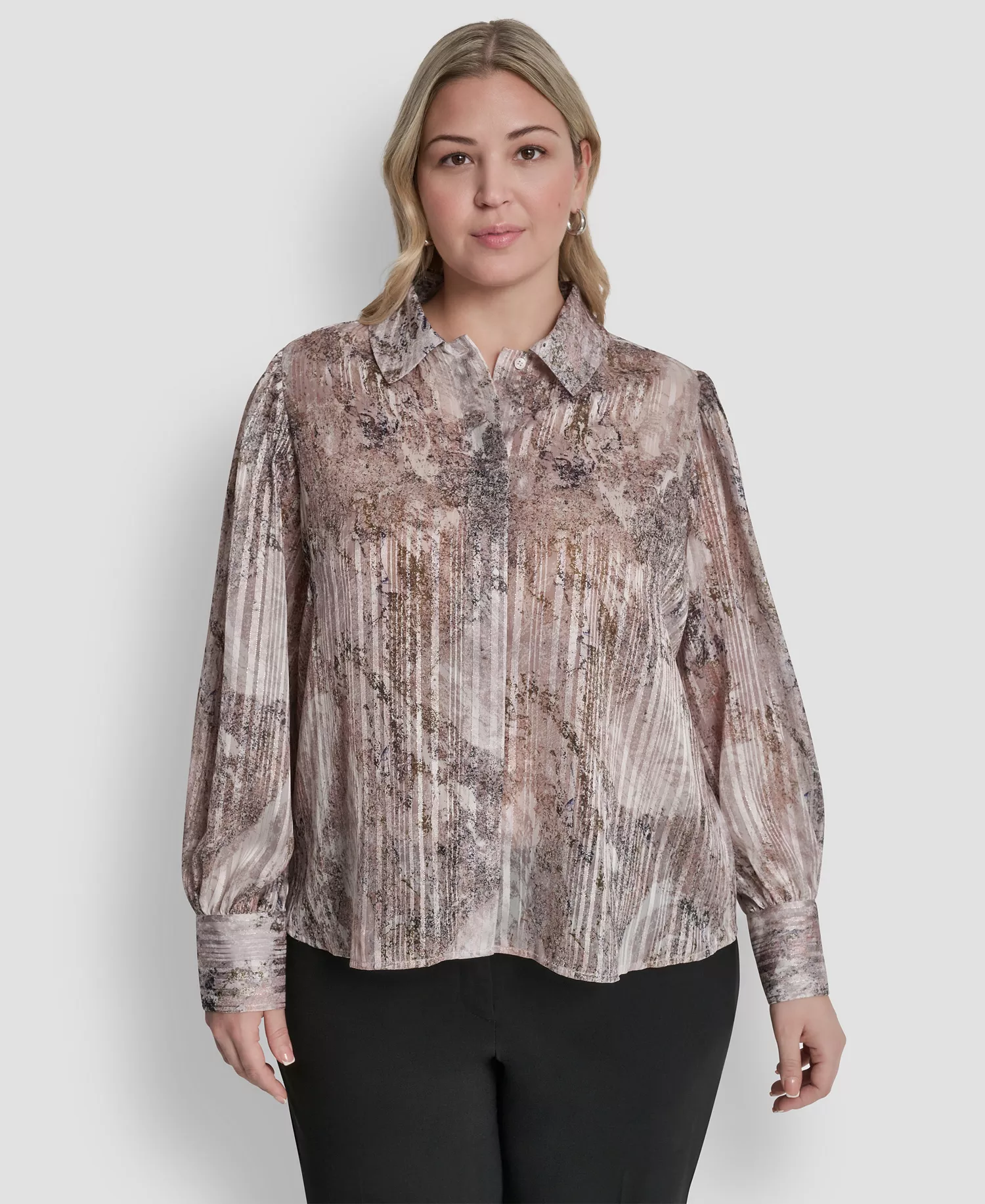 Plus Size Collared Neck Long-Sleeve Top - Coconut/Travertine Multi - 1X