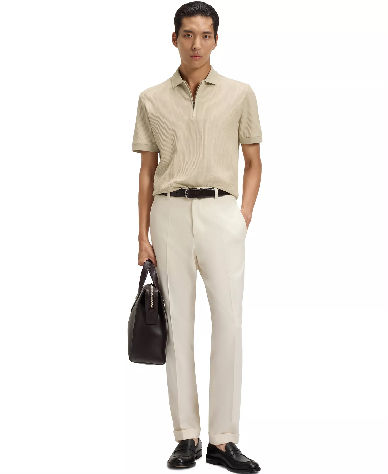 Men's Zip Placket Structured-Cotton Polo Shirt - Open Beige - 2XL