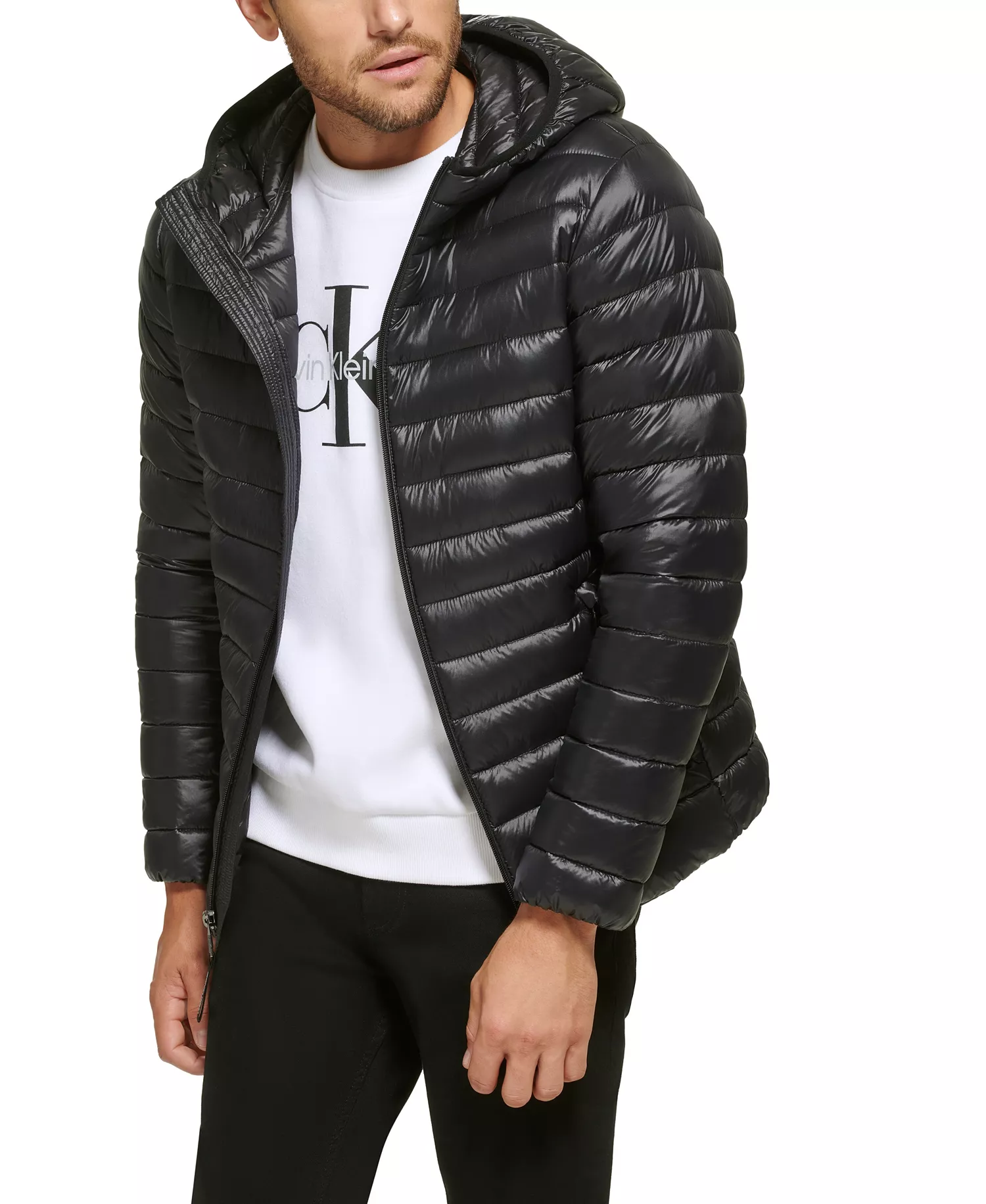 Men's Hooded & Quilted Packable Jacket - Black - 2XL
