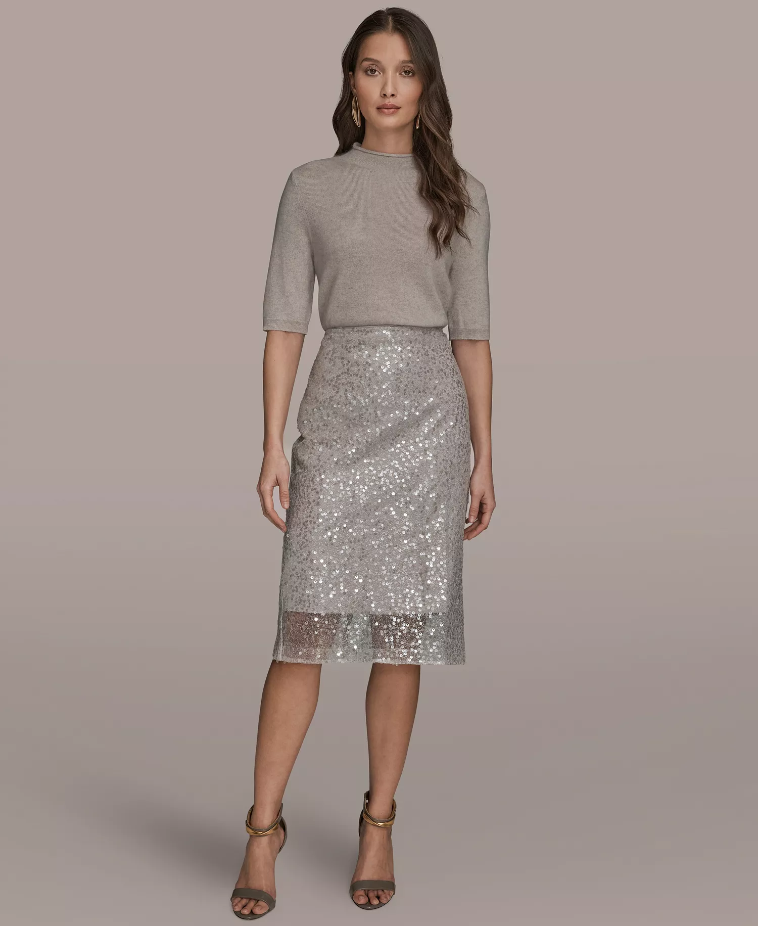 Women's Sequin Detail Mesh Pencil Skirt - Silver Combo - 10