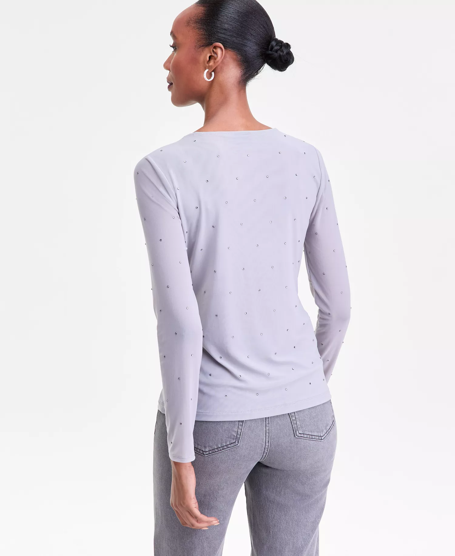 Women's Crystal Mesh Long Sleeve Top, Macy's Exclusive - Boulder Gray - L