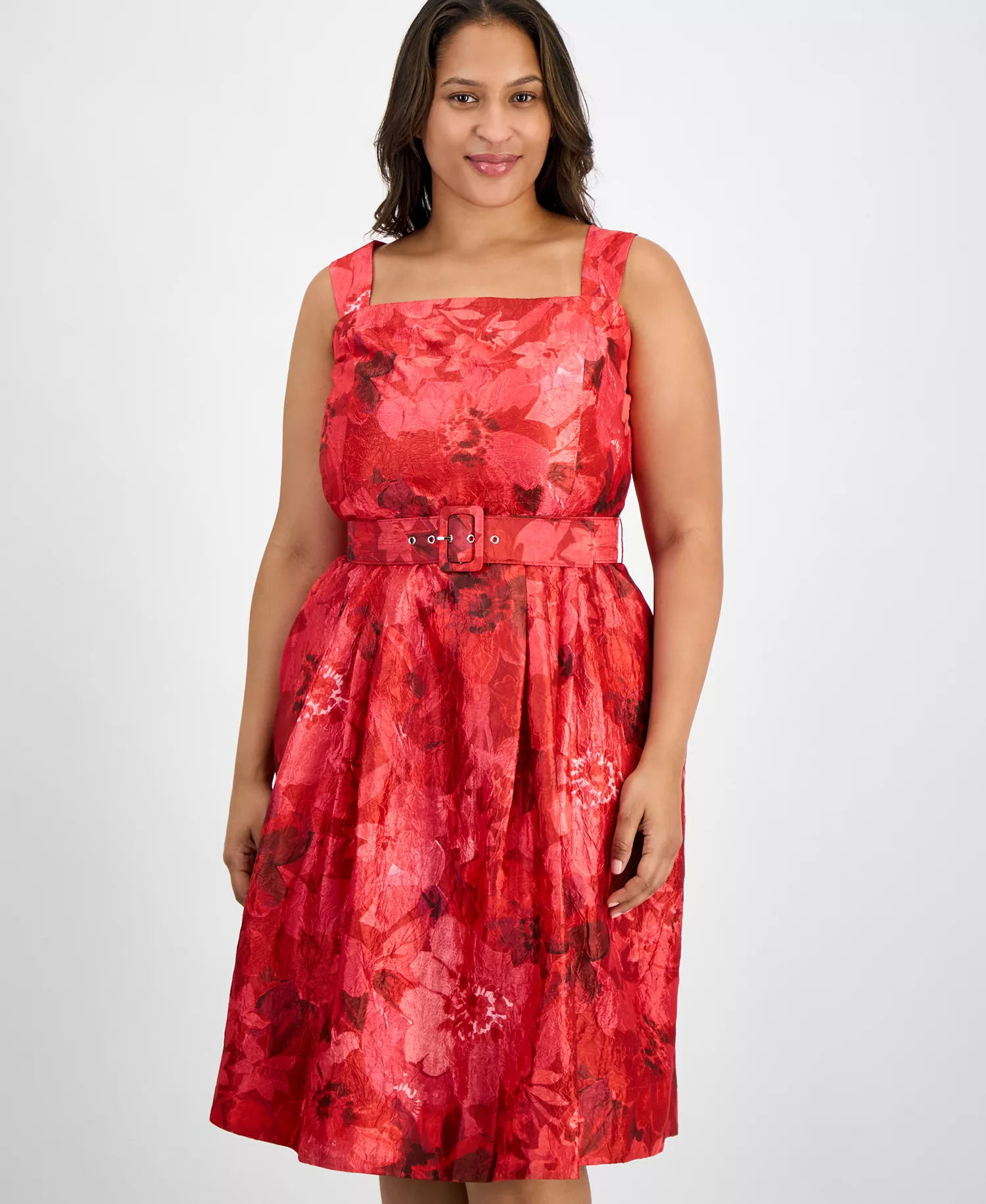 Plus Size Jacquard Belted Fit & Flare Dress - Crimson Floral - 14W
