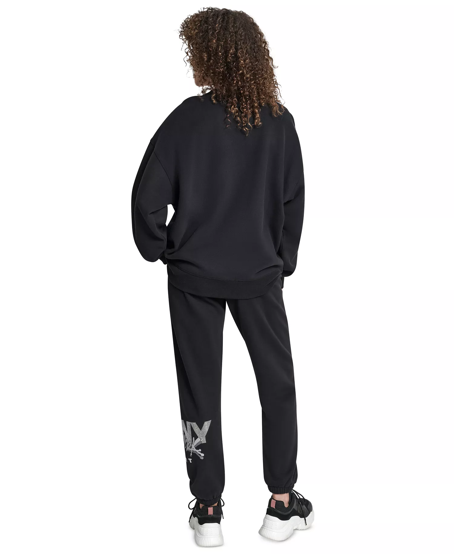 Women's Graffiti Rhinestone Logo Blouson-Sleeve Drop-Shoulder Sweatshirt - Black/grey Silver - L