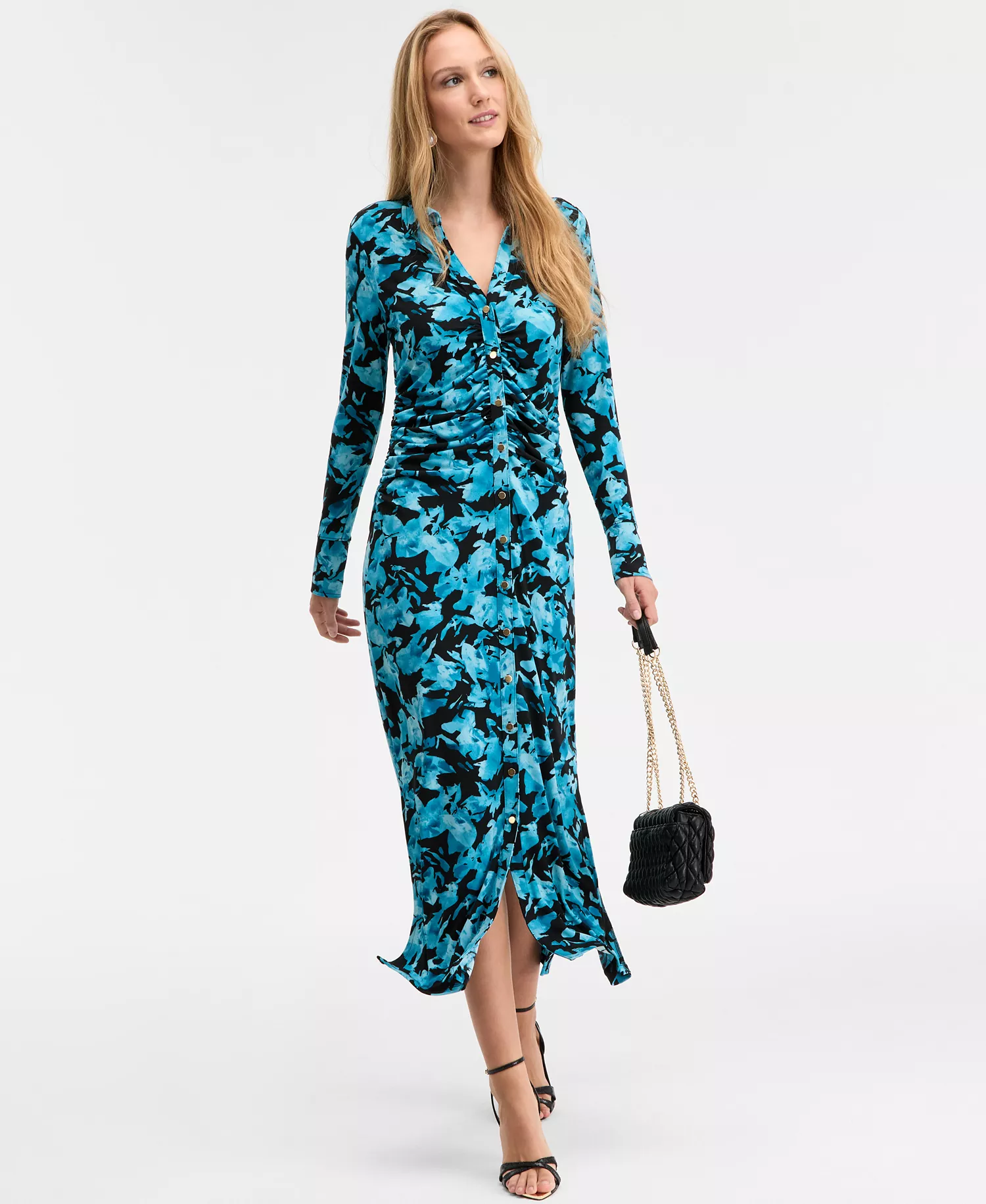 Women's Printed Long Sleeve Collared Maxi Dress, Macy's Exclusive - Painted Garden - L