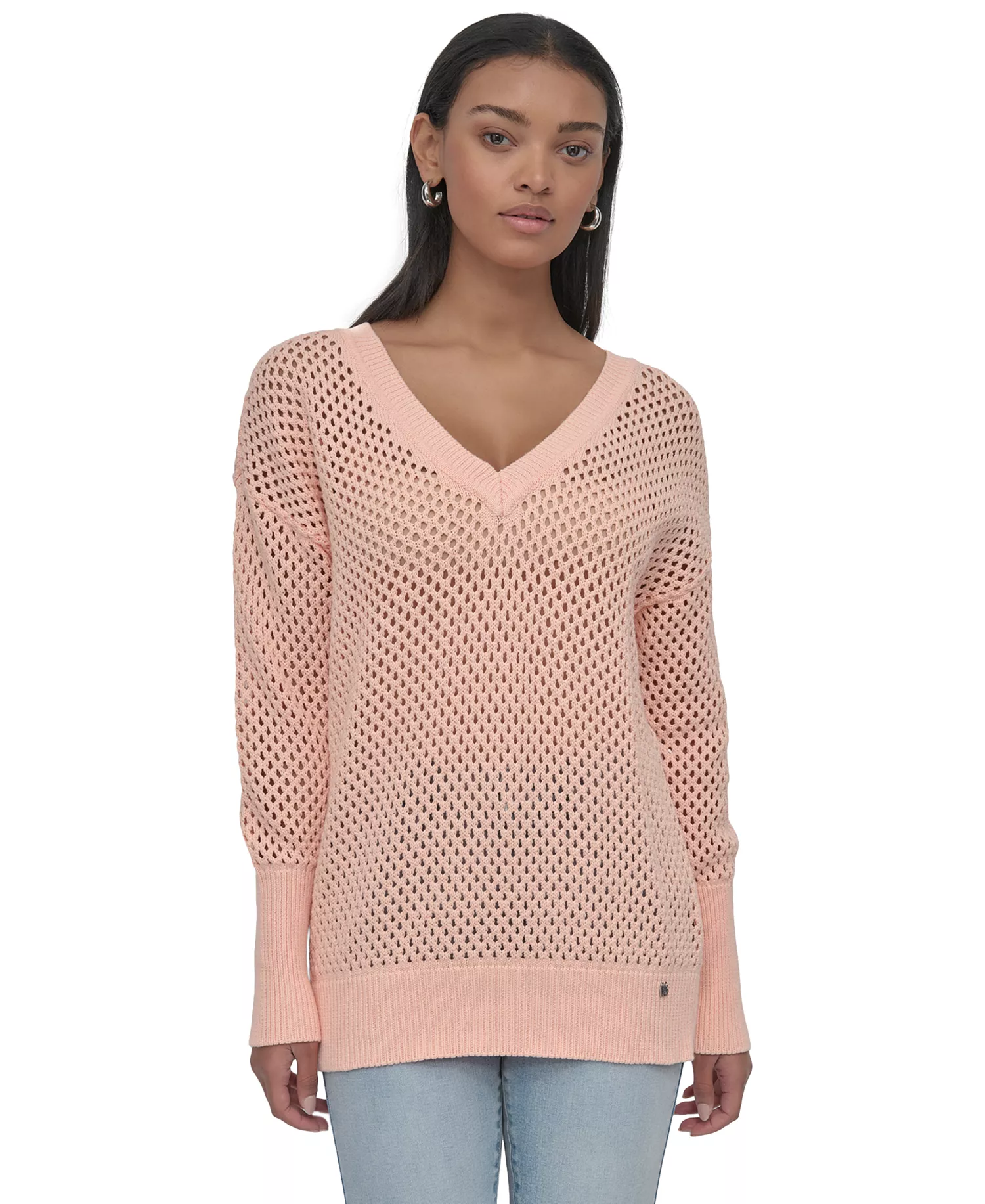 Women's Cotton Open-Knit V-Neck Sweater - Twv - Trop Peach - XL