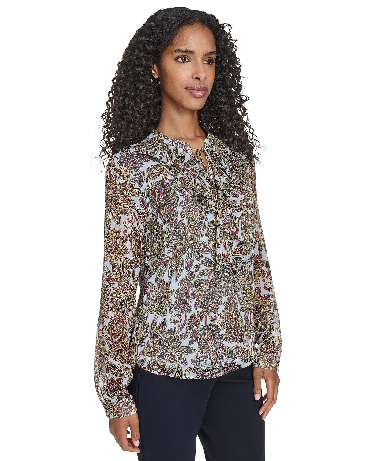 Women's Paisley Ruffle Long Sleeve Blouse - Sky Multi - S