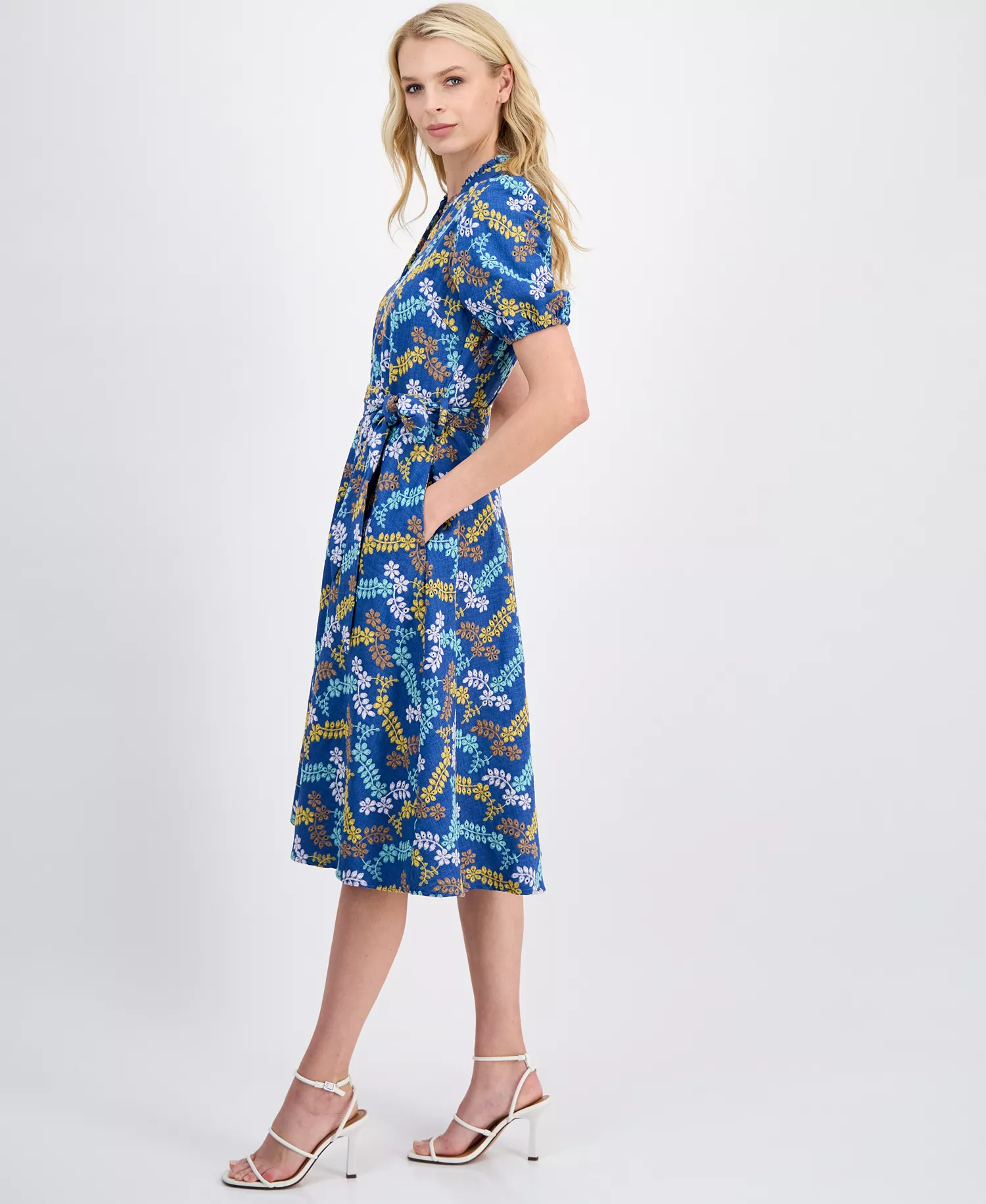 Women's Embroidered Tie-Waist Midi Dress - Denim Multi - 10