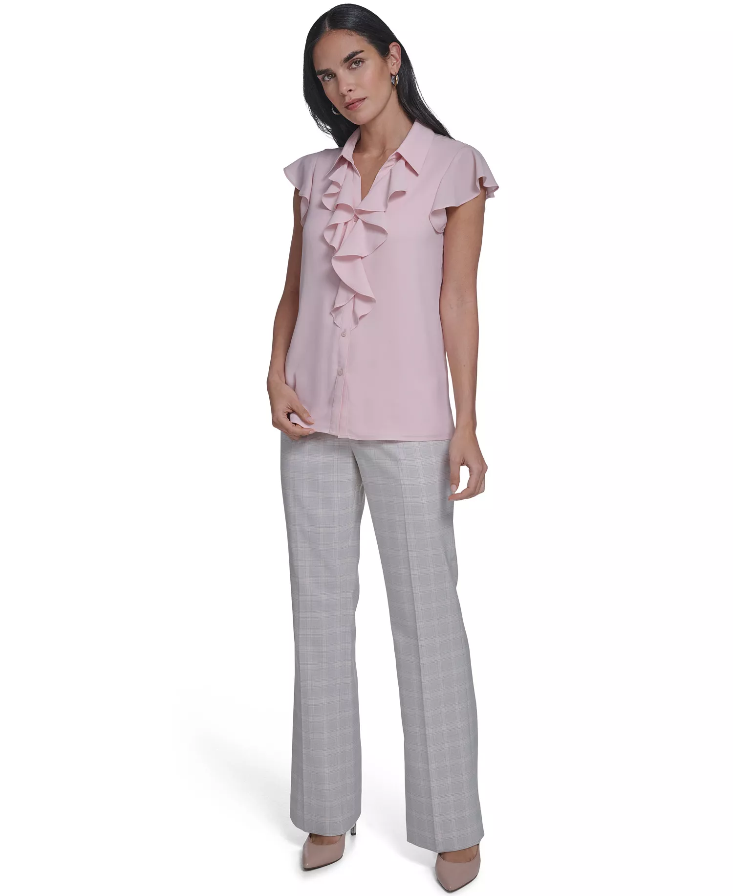 Women's Solid Cap-Sleeve Ruffle Front Top - Petal - L