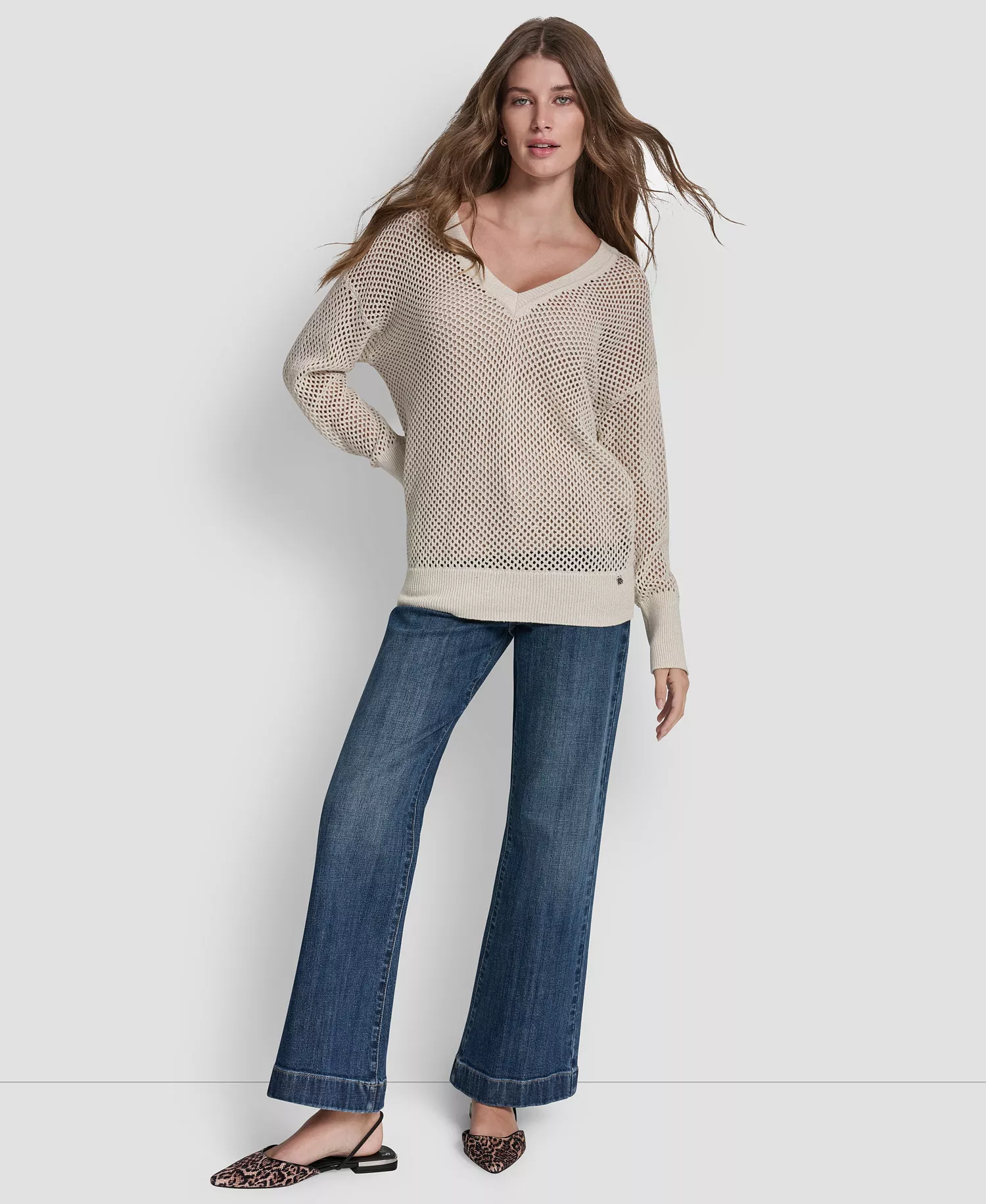 Women's Long-Sleeve V-Neck Open Stitch Lurex Sweater With Logo Charm - Eggnog/Silver - L