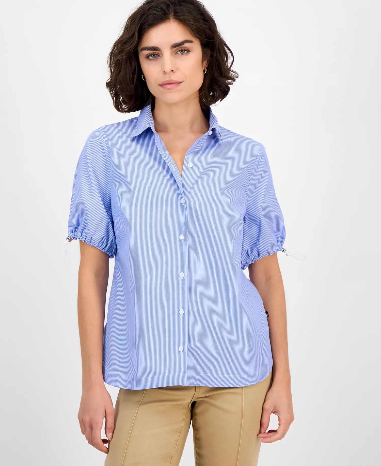 Nautica Women's Striped Bungee-Sleeve Camp Shirt - Blue/ White - L