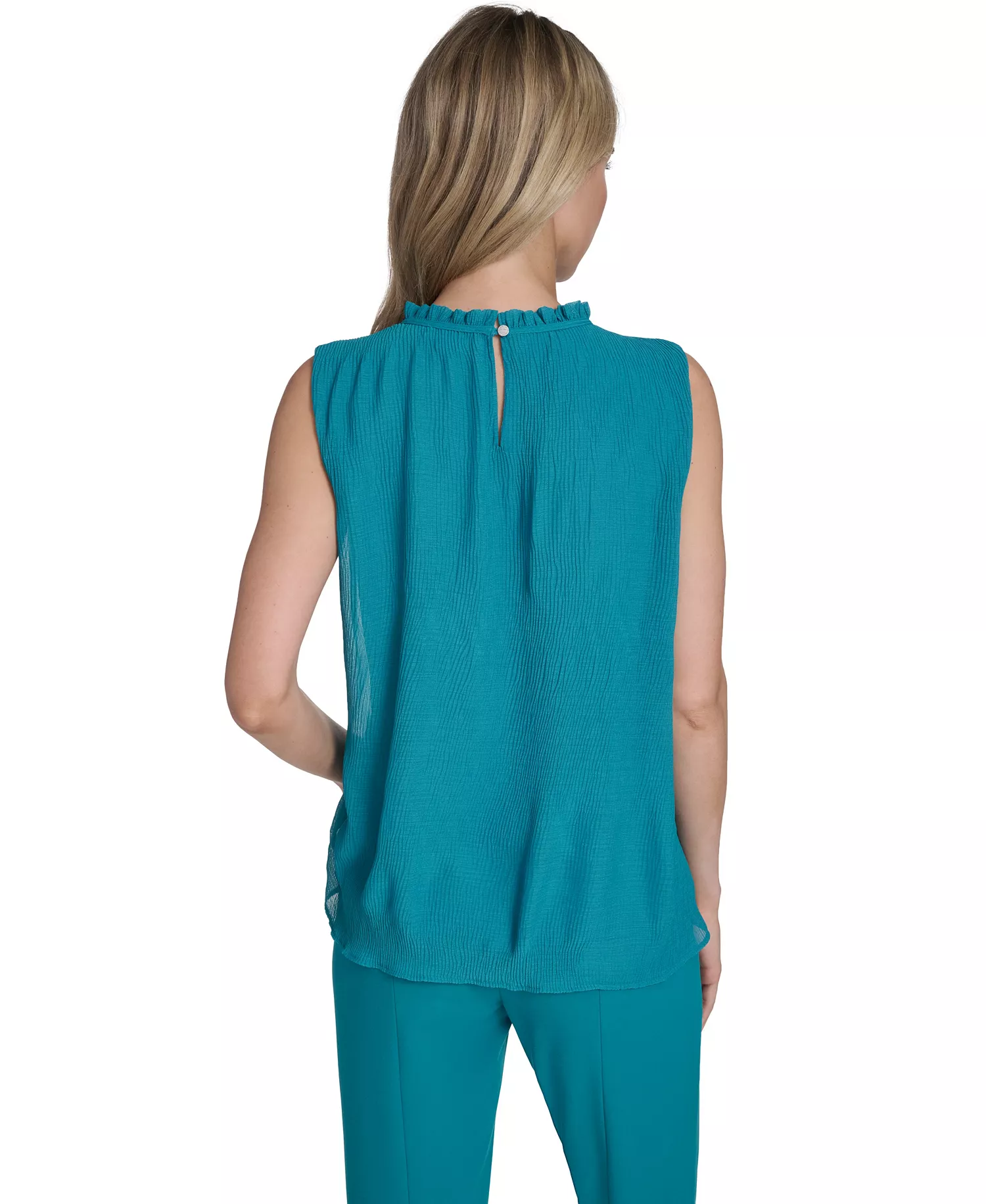 Women's Sleeveless Ruffle Neckline Top - Petrol - L