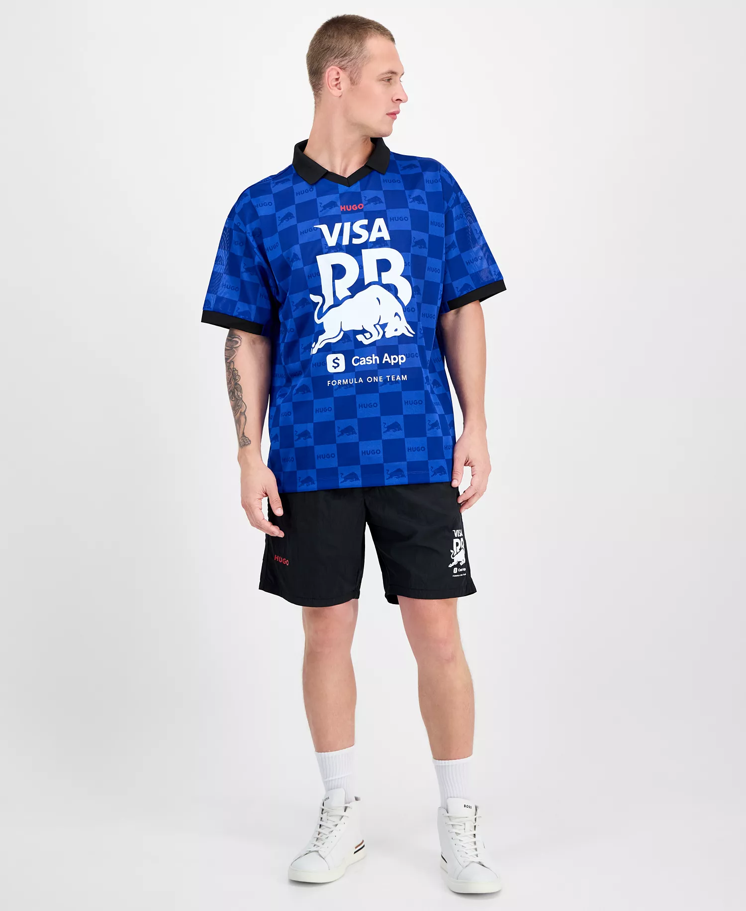 Men's Fanwear Oversized Short Sleeve Open-Collar Check Logo Graphic Polo Shirt - Med Blue - S