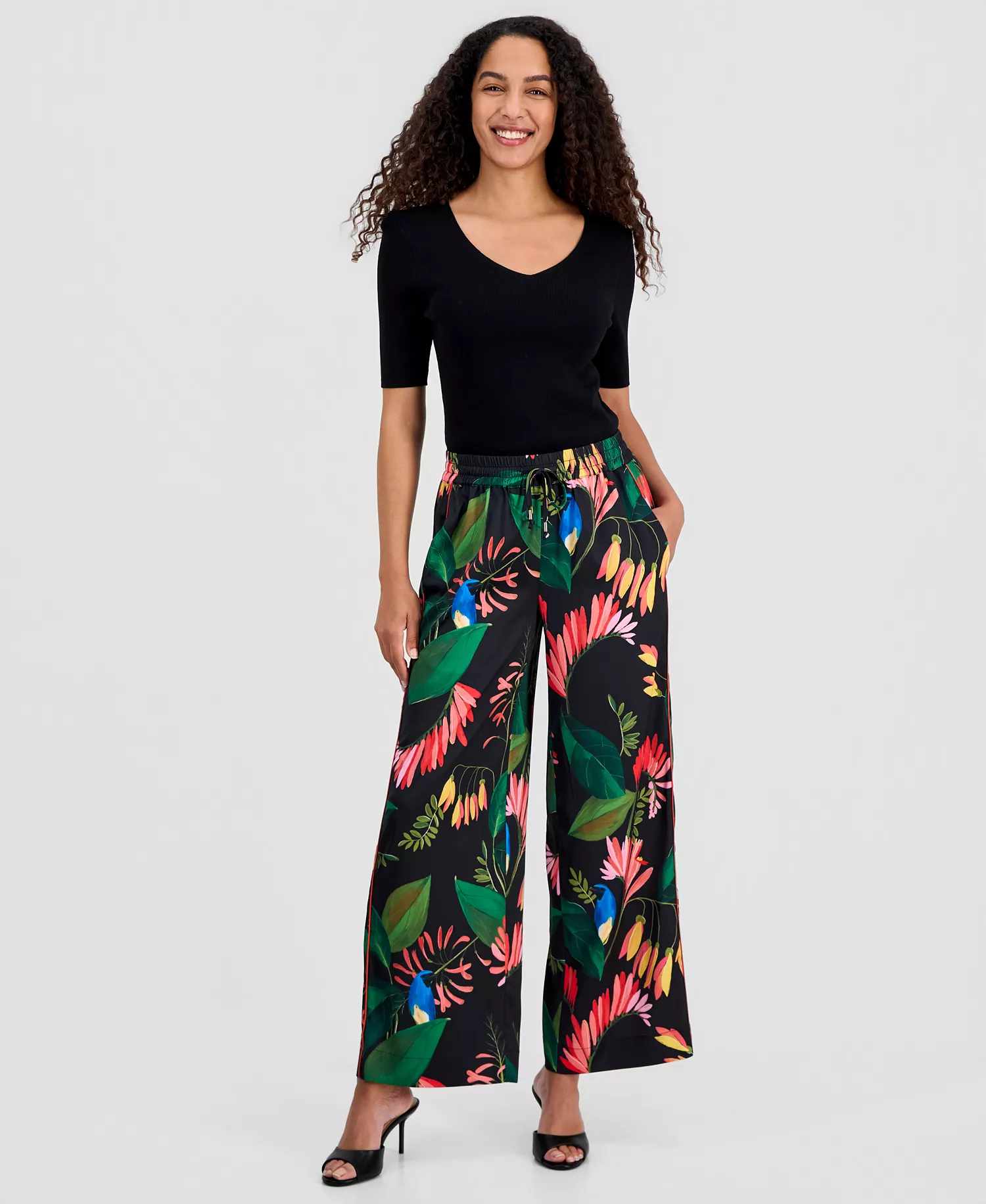 Women's Floral Wide-Leg Pull-On Pants - Tropical Wonder Print - L